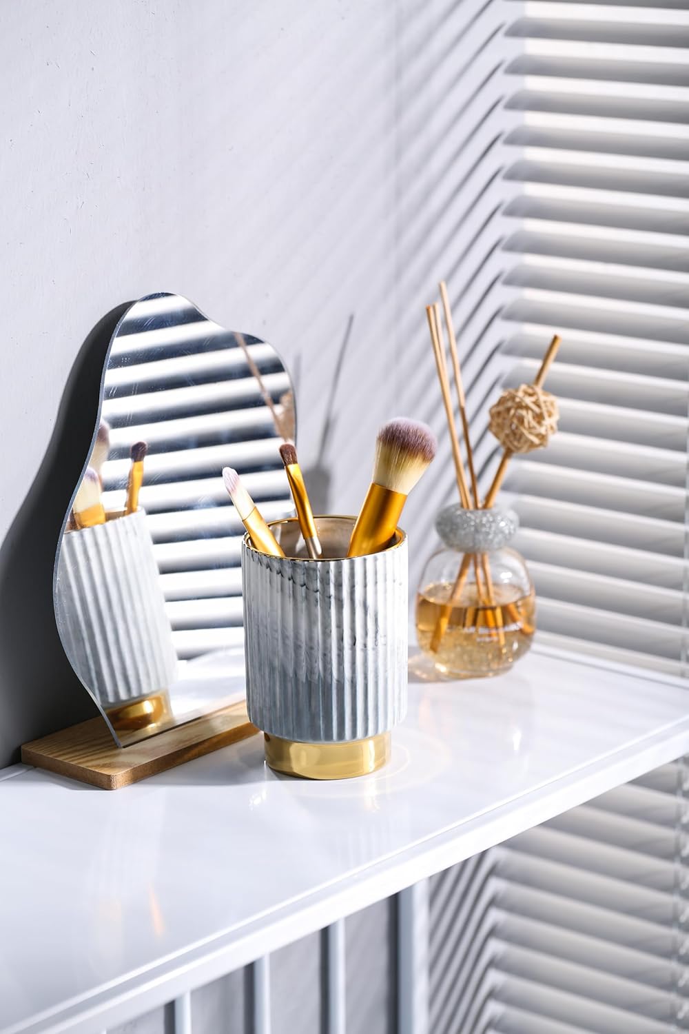 IEEK Makeup Brush Holder Organizer - Comb Brushes, Pens, Pencils, Glasses & Toothbrushes - European Style Striped Container, Grey and Gold