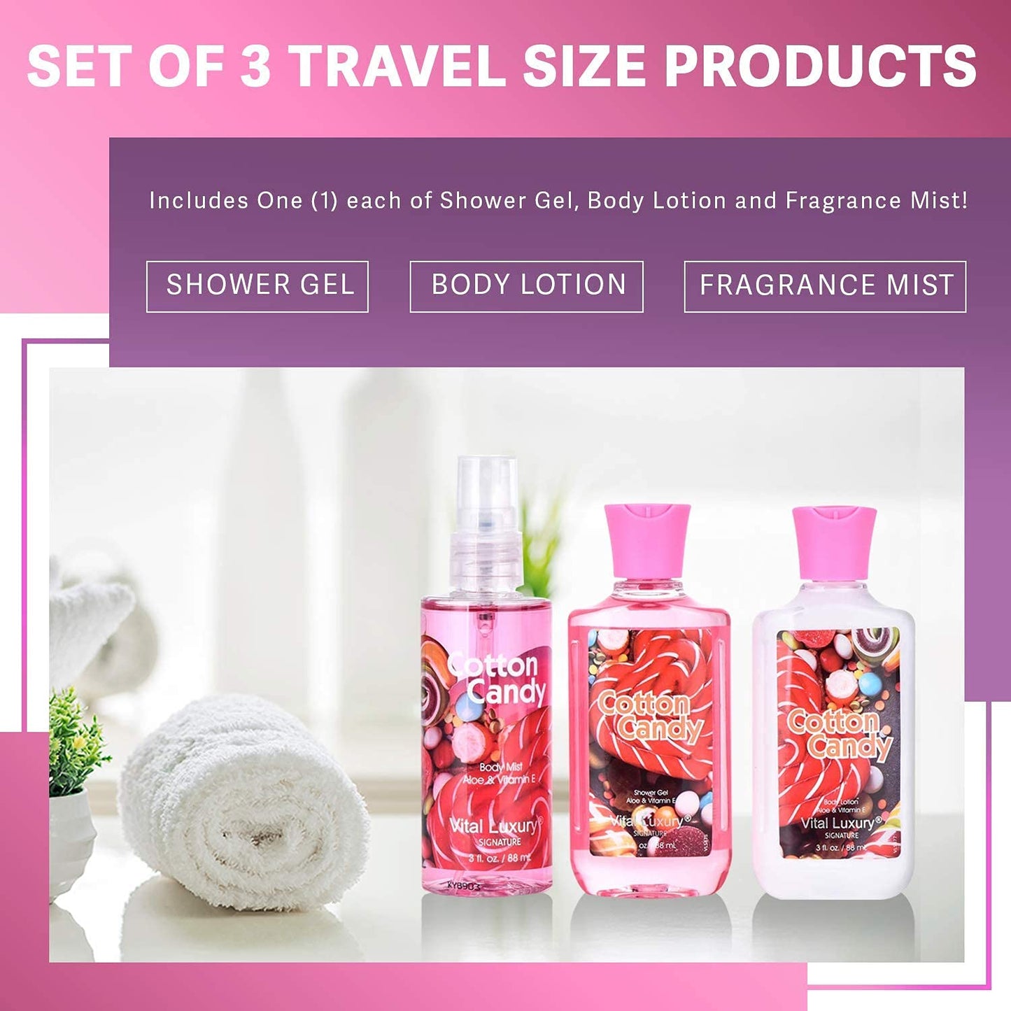 Cotton Candy Bath & Body Care Travel Set, Home Spa Gift Set Includes Body Lotion, Shower Gel, and Fragrance Mist, Personal Body Care Travel Set, Birthday Mother's Valentine's Day Gifts