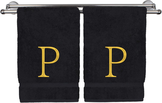 Monogrammed Hand Towel, Personalized Initial Gift, Extra Absorbent 100% Turkish Cotton - Soft Terry Finish - Set of 2 - Gold Block Initial P - Embroidered on Black Towels