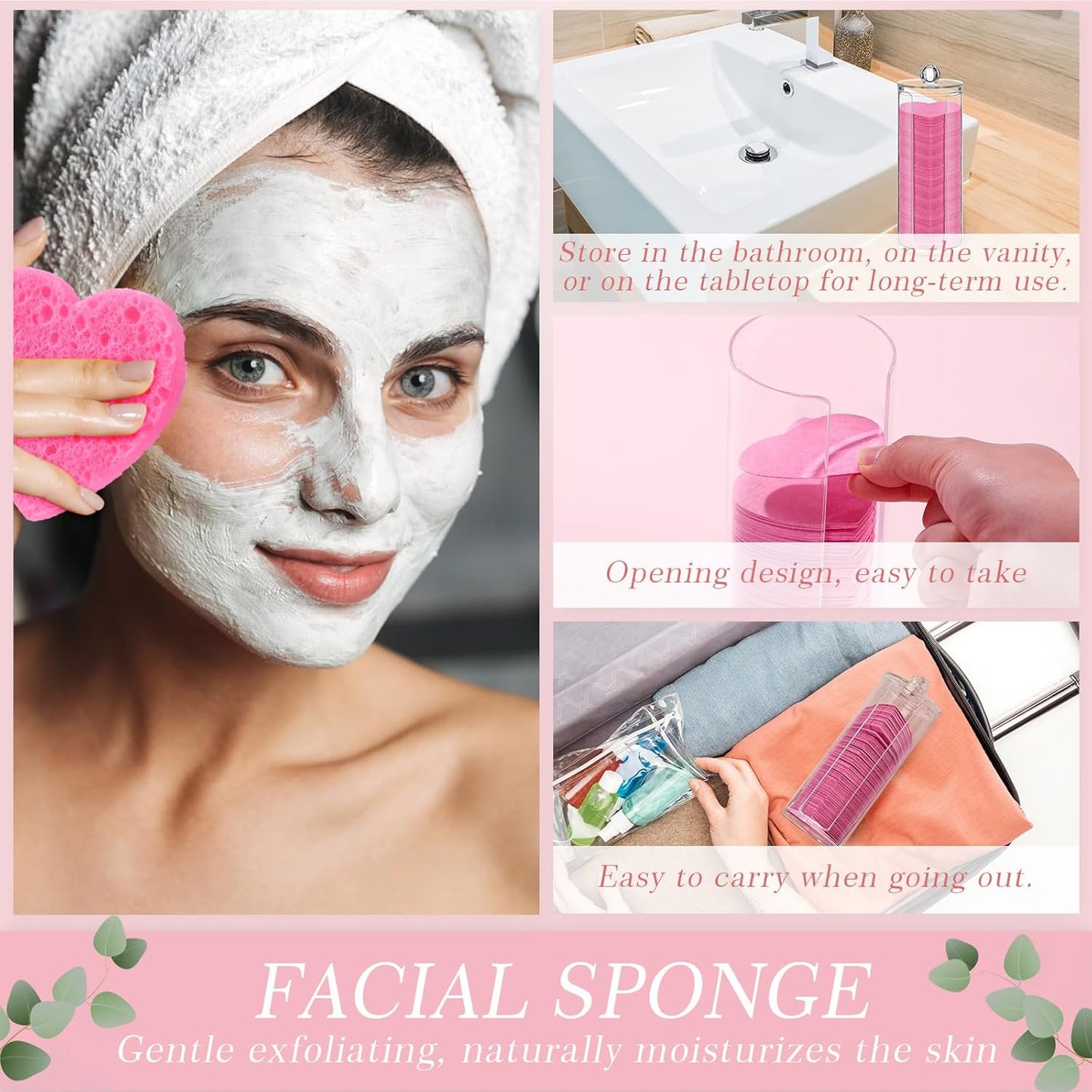 Sieral 120 Pcs Compressed Facial Sponges with Container Disposable Face Sponge Pads for Washing Face Cleansing Exfoliating Esthetician Makeup Removal(Heart,Rose Red)