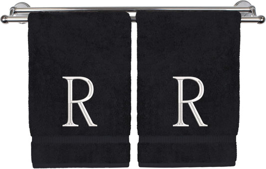 Monogrammed Hand Towel, Personalized Initial Gift, Extra Absorbent 100% Turkish Cotton - Soft Terry Finish - Set of 2 - White Block Initial R - Embroidered on Black Towels