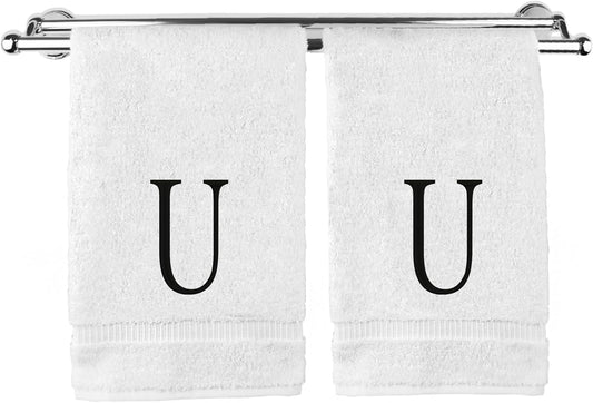 Monogrammed Hand Towel, Personalized Initial Gift, Extra Absorbent 100% Turkish Cotton - Soft Terry Finish - Set of 2 - Black Block Initial U - Embroidered on White Towels