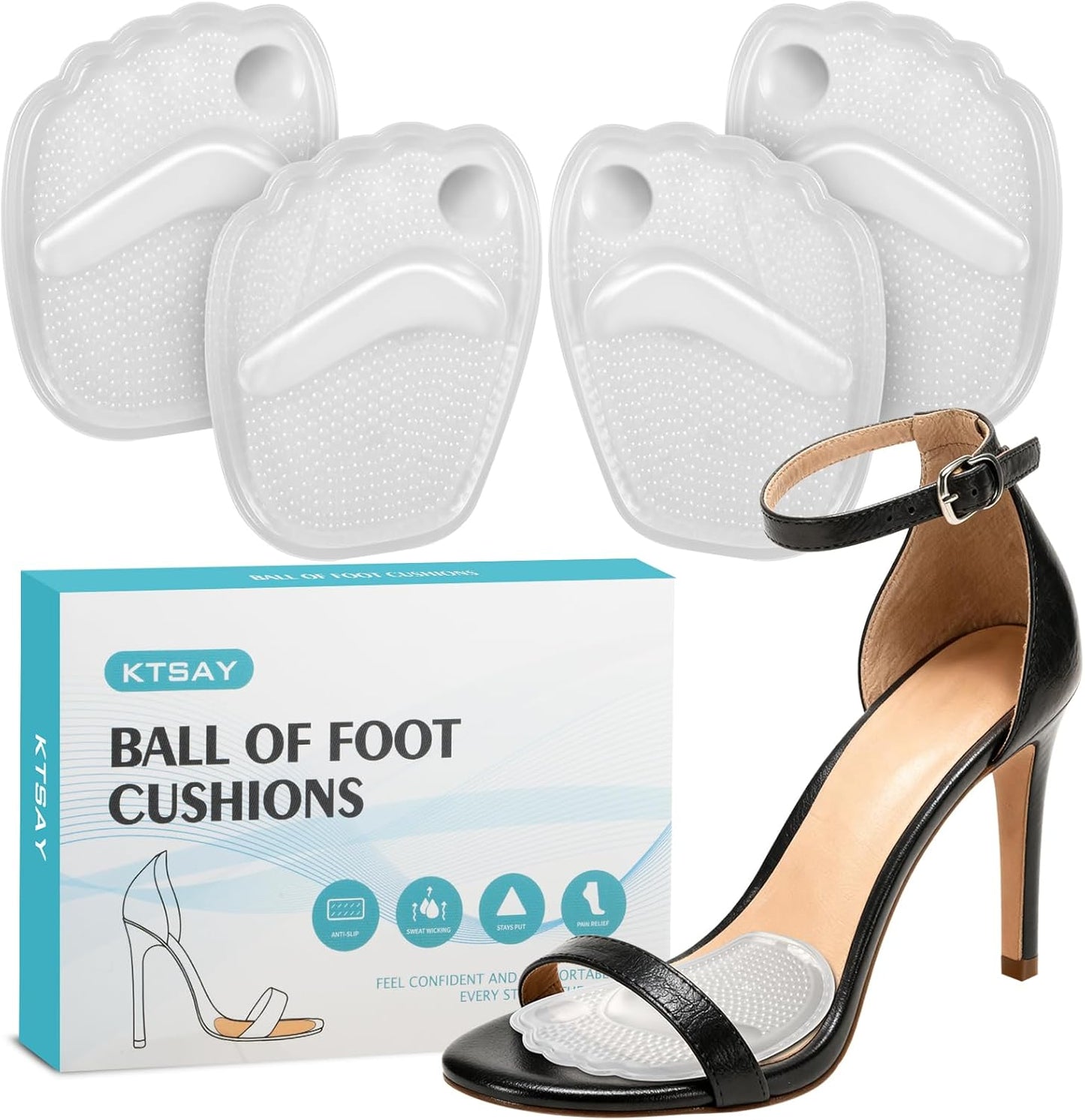 Metatarsal Pads Women, Gel Ball of Foot Cushions for Pain Relief in Shoes, Non-Slip Heel Inserts, One Size Fits All (2 Pairs, Clear)