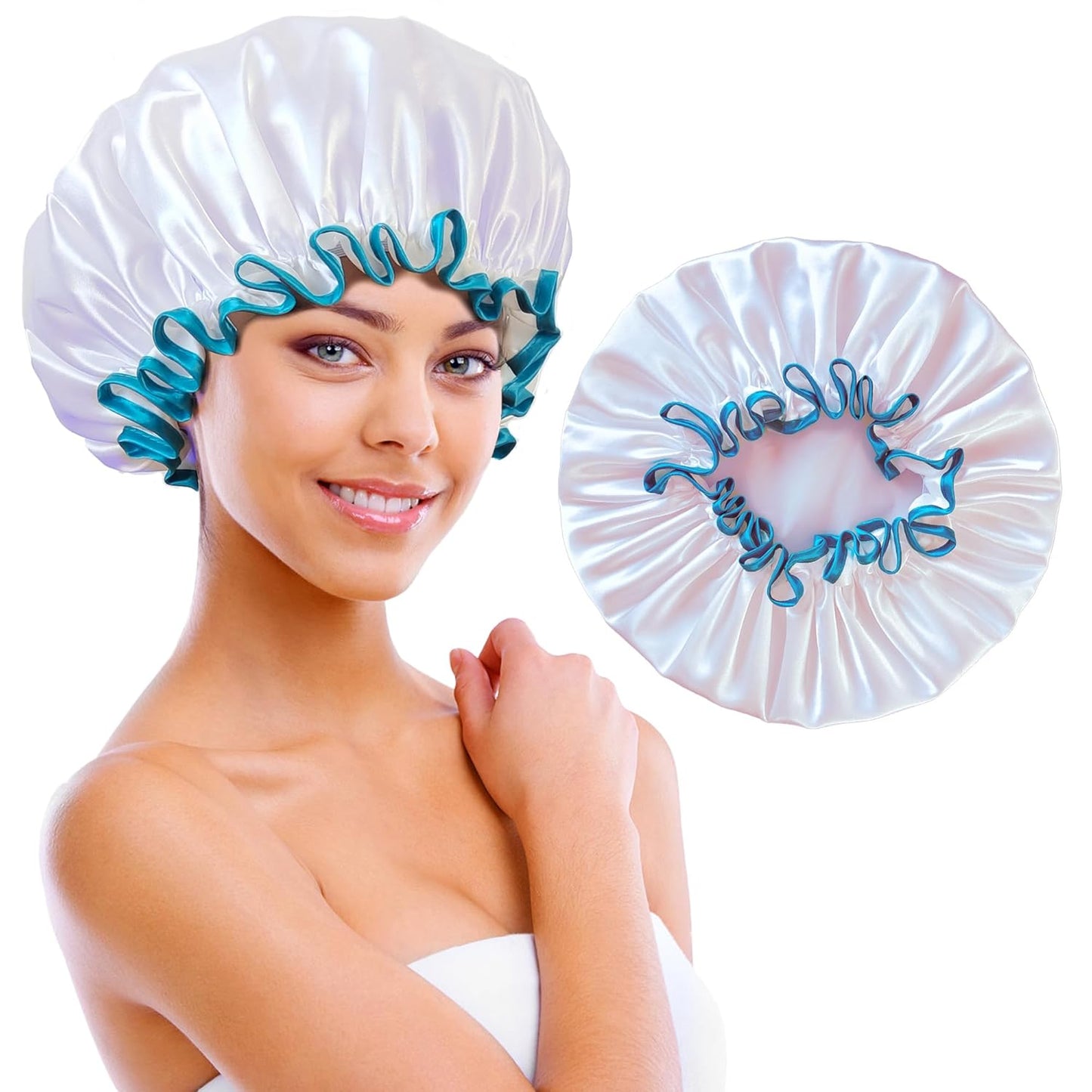 Shower Cap Reusable Waterproof, Large Shower Cap for Women, Shower Caps for Braids Long Hair, Double Layer Satin Plastic Hair Cap for Shower