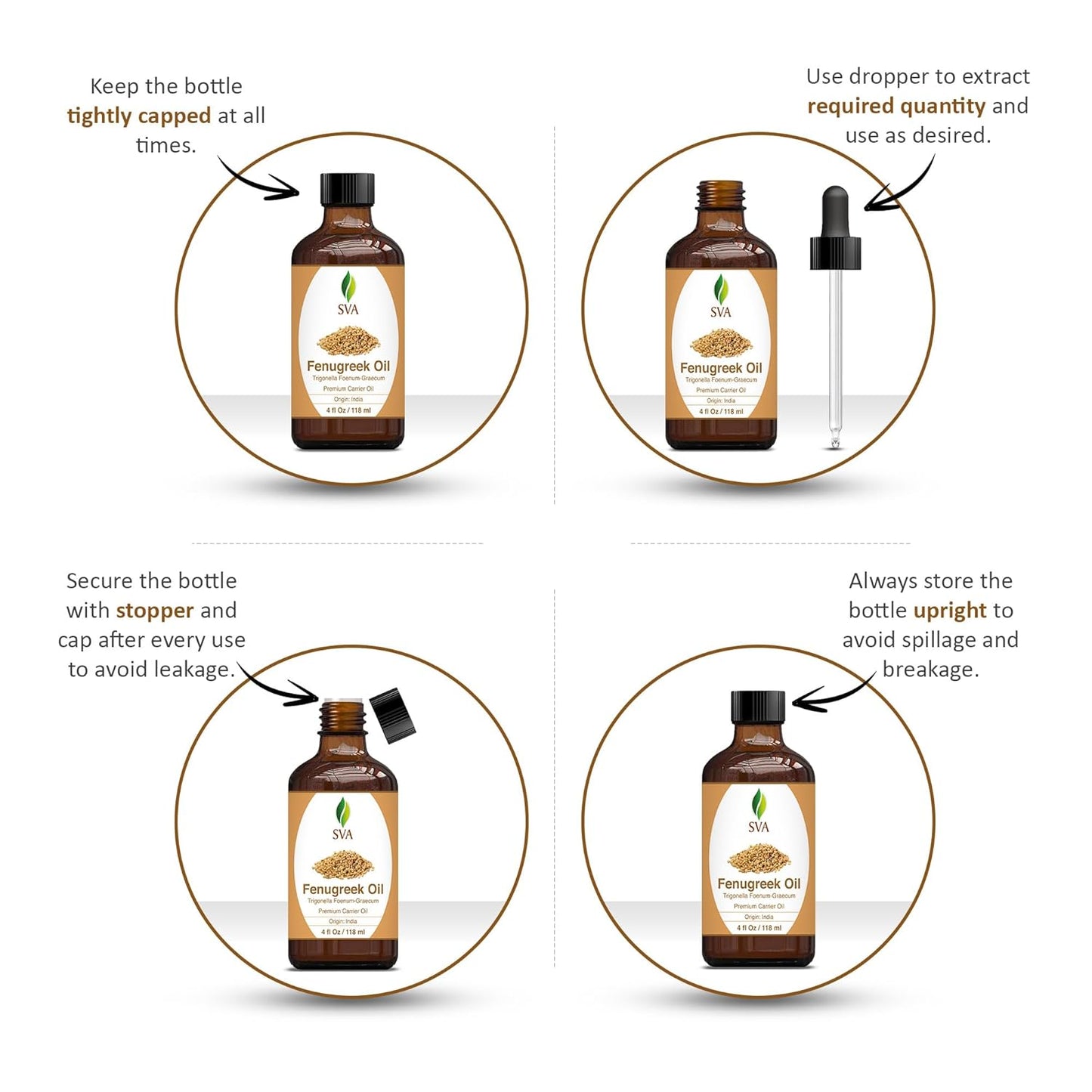 SVA Fenugreek Oil 4oz (118ml) Premium Carrier Oil with Dropper for Hair Care, Hair Oiling, Scalp Massage & Skin Care