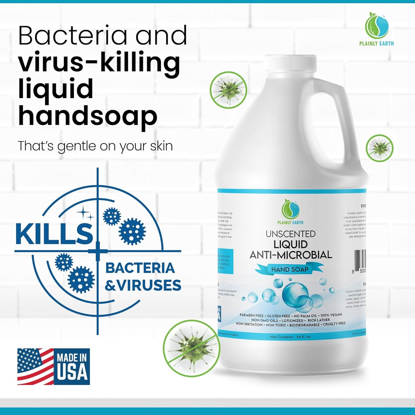 AntiMicrobial Hand Soap, 64 oz Bulk Refill - Antibacterial Hand Soap, Gentle, Moisturizing Hand Soap for Kitchen and Bathroom - Unscented