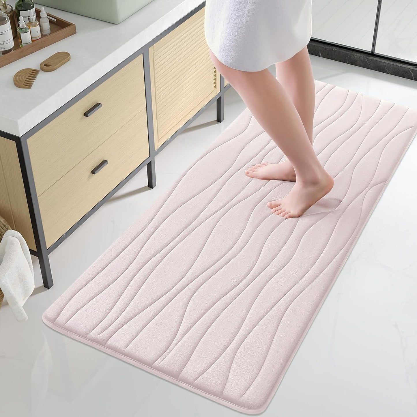 Buganda Memory Foam Bathroom Rug Mat 44x24, Extra Soft and Absorbent Bath Mats, Non-Slip and Machine Washable Bath Rugs for Bathroom Floor,Tub and Shower, Light Pink