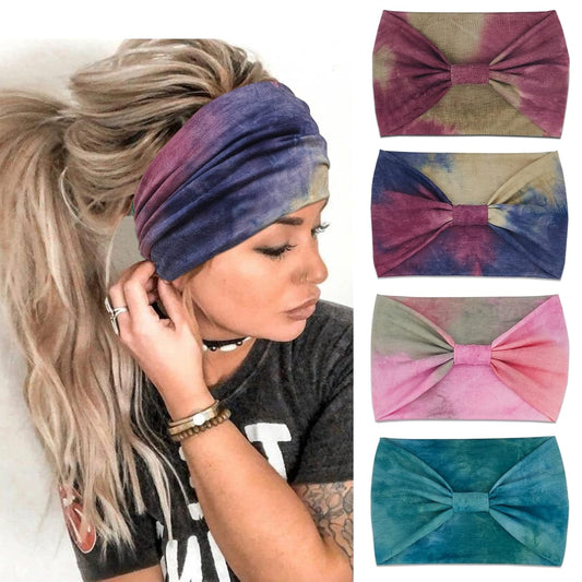 Wide Boho Headbands for Women Fashion Knotted Headband Yoga Workout Hair Accessories African Head Wrap Red Tie Dye 4 Pack