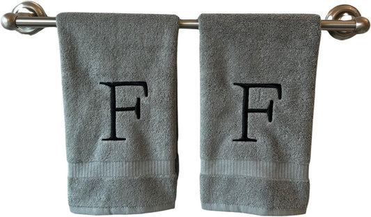 Gray Initial Hand Towel for Bathroom - Monogrammed Luxury Hotel Quality Decorative Embroidered Towel for Powder Room, Spa - GOTS Organic Certified - Set of 2 Black Letter F
