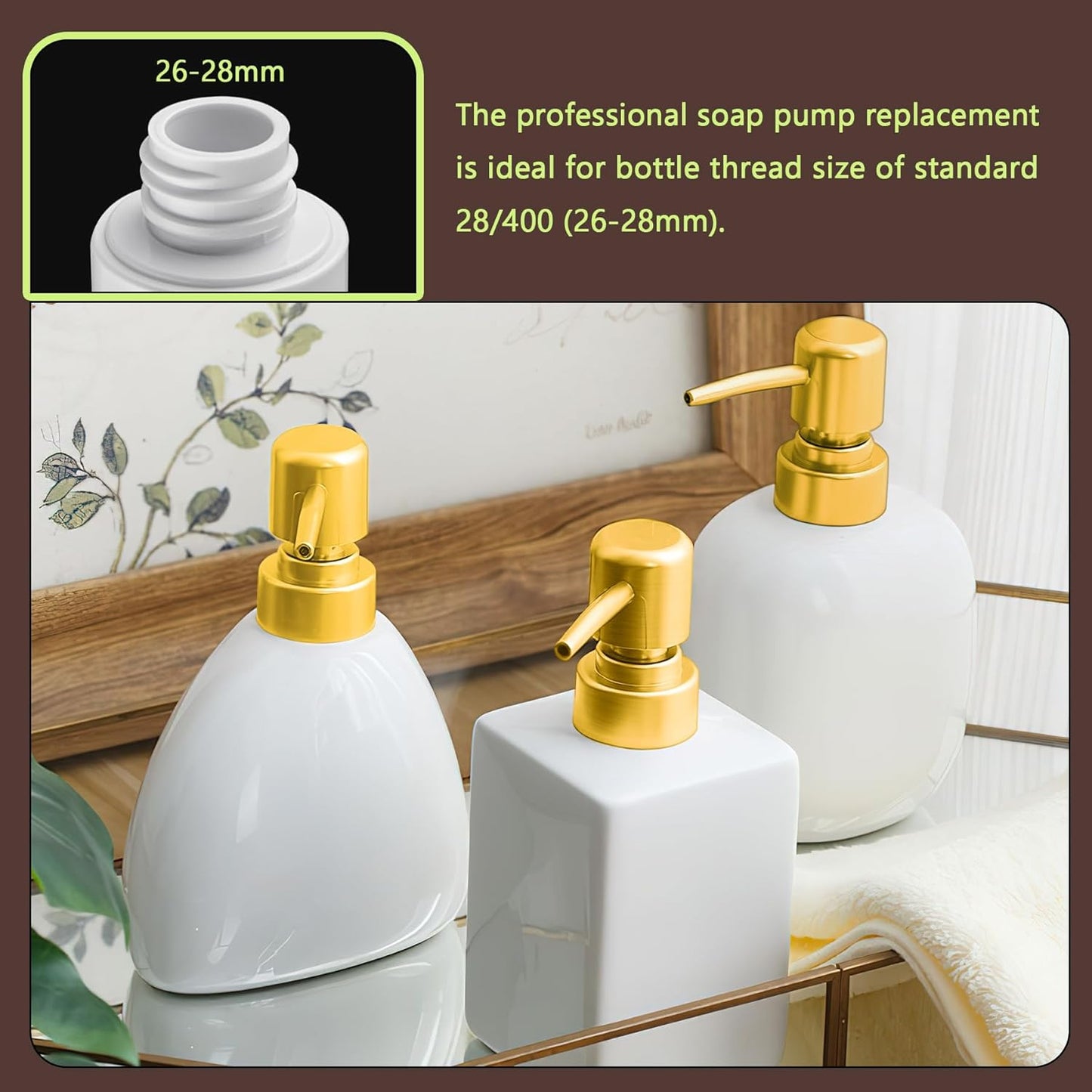 6Pcs Soap Dispenser Pump Head Replacement Set,Reusable Hand Soap Dispenser Top for Bathroom,Kithen Worktop Bottles, Standard Diameter 28/400 Neck Size (6, Gold)