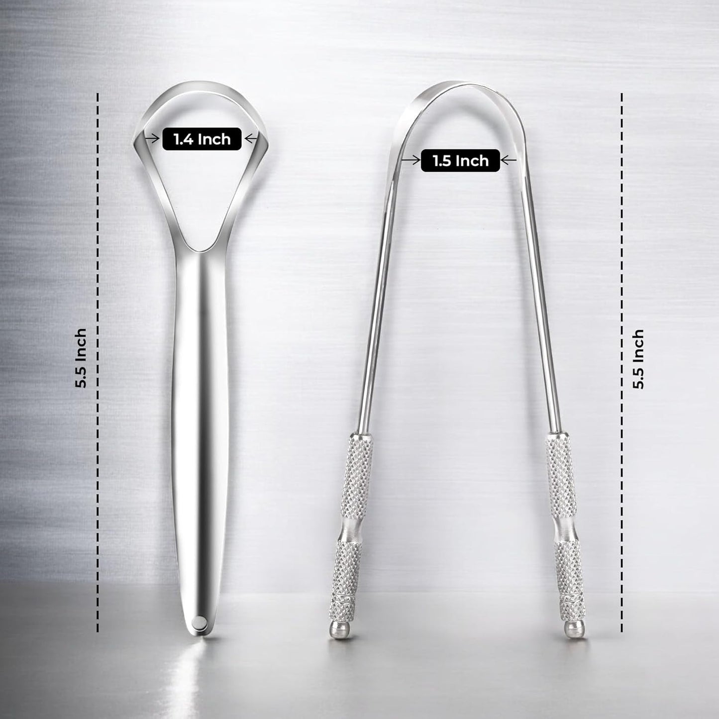 HOKIN Tongue Scraper for Adults with Travel Cases (2Pcs U & Spoon Combo Pack) - 100% Metal Tongue Cleaners, Tough Scrapers for Oral Hygiene