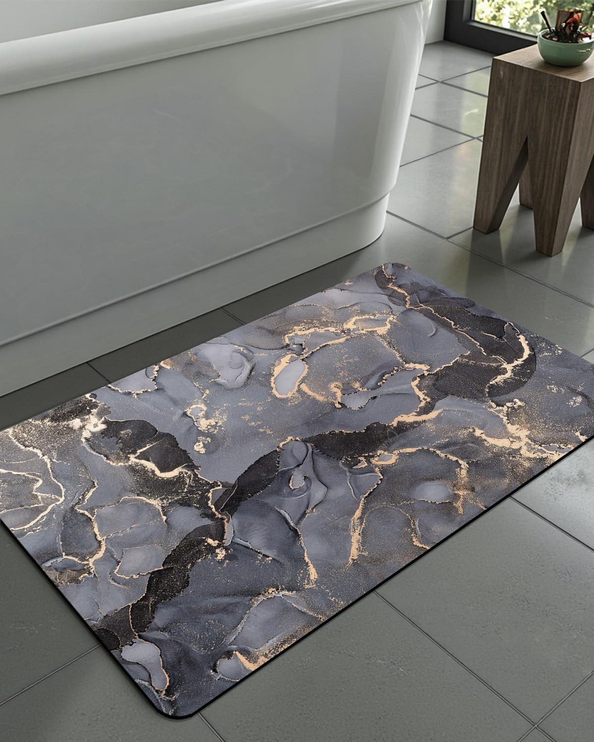 DEXI Bathroom Mat Ultra Thin, Non Slip Bath Rug for Shower Floor, Absorbent Quick Dry Marble Bathmats Low Profile, 16x24, Dark Grey