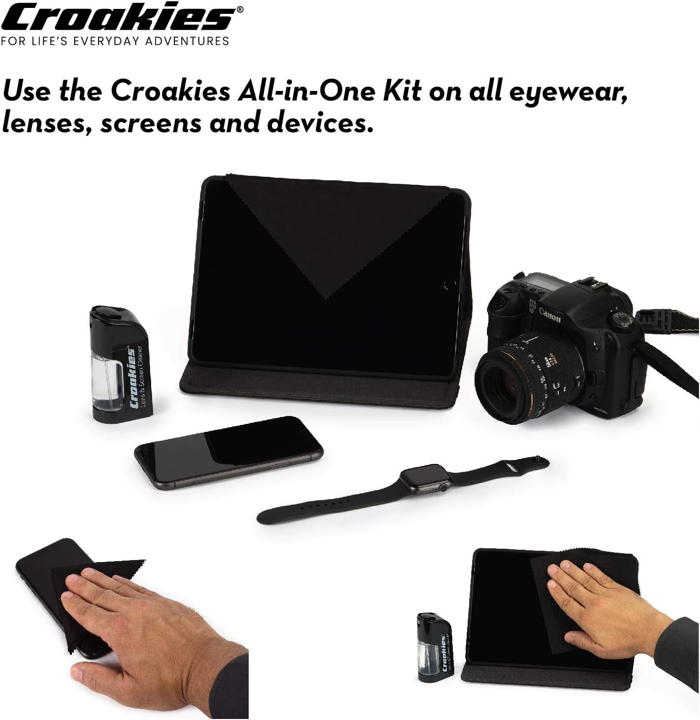 Croakies All-in-one Cleaning Kit | Lens Care Travel Kit with Pump and Microfiber Cloth | All Natural Cleaner for Eyewear and Lenses