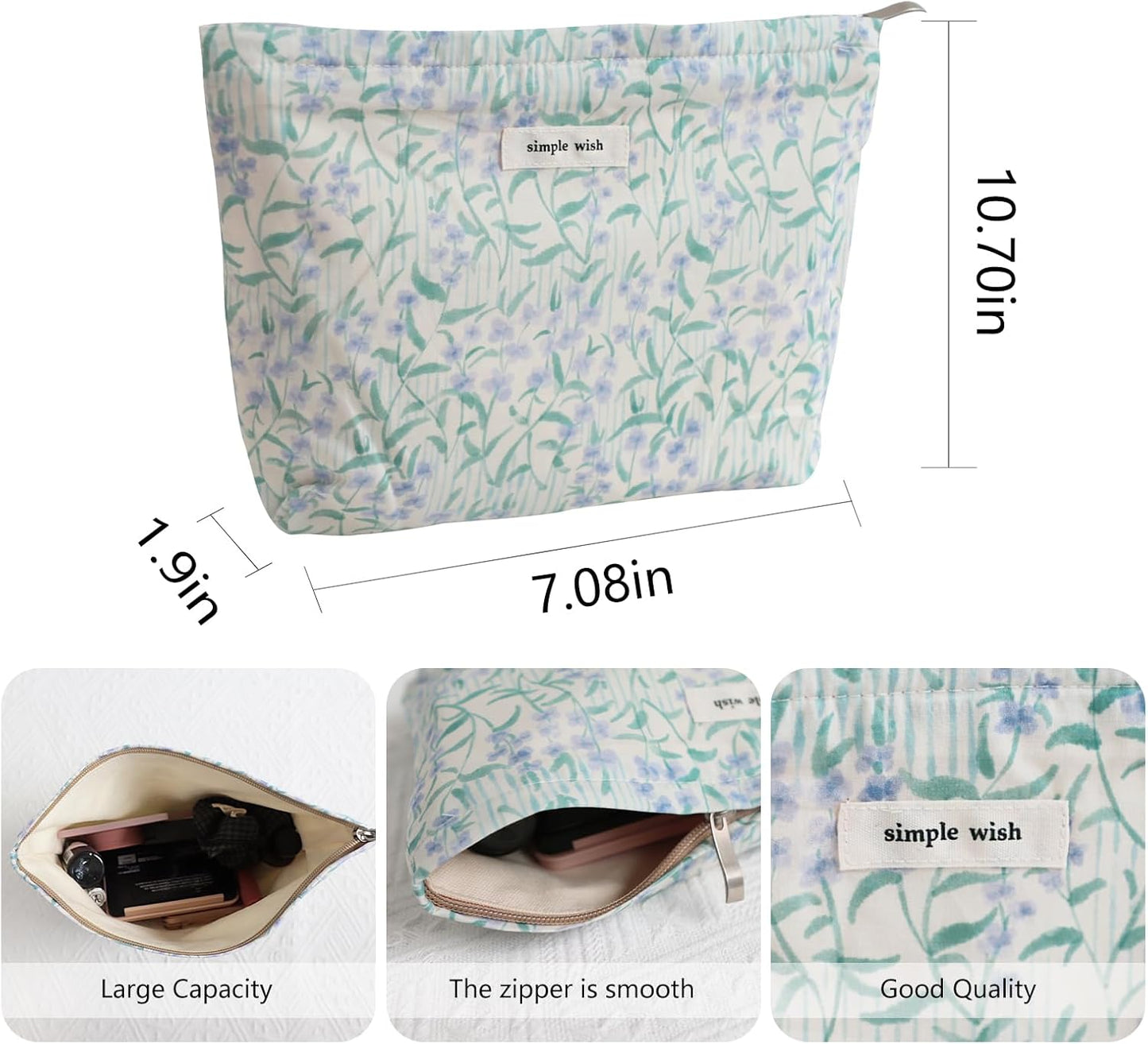 Wudygirl Cute Makeup Bag for Women - Travel Cosmetic Bag with Zipper Makeup Pouch Floral Make up Organizer Handbag Aesthetic (Purple Floral)