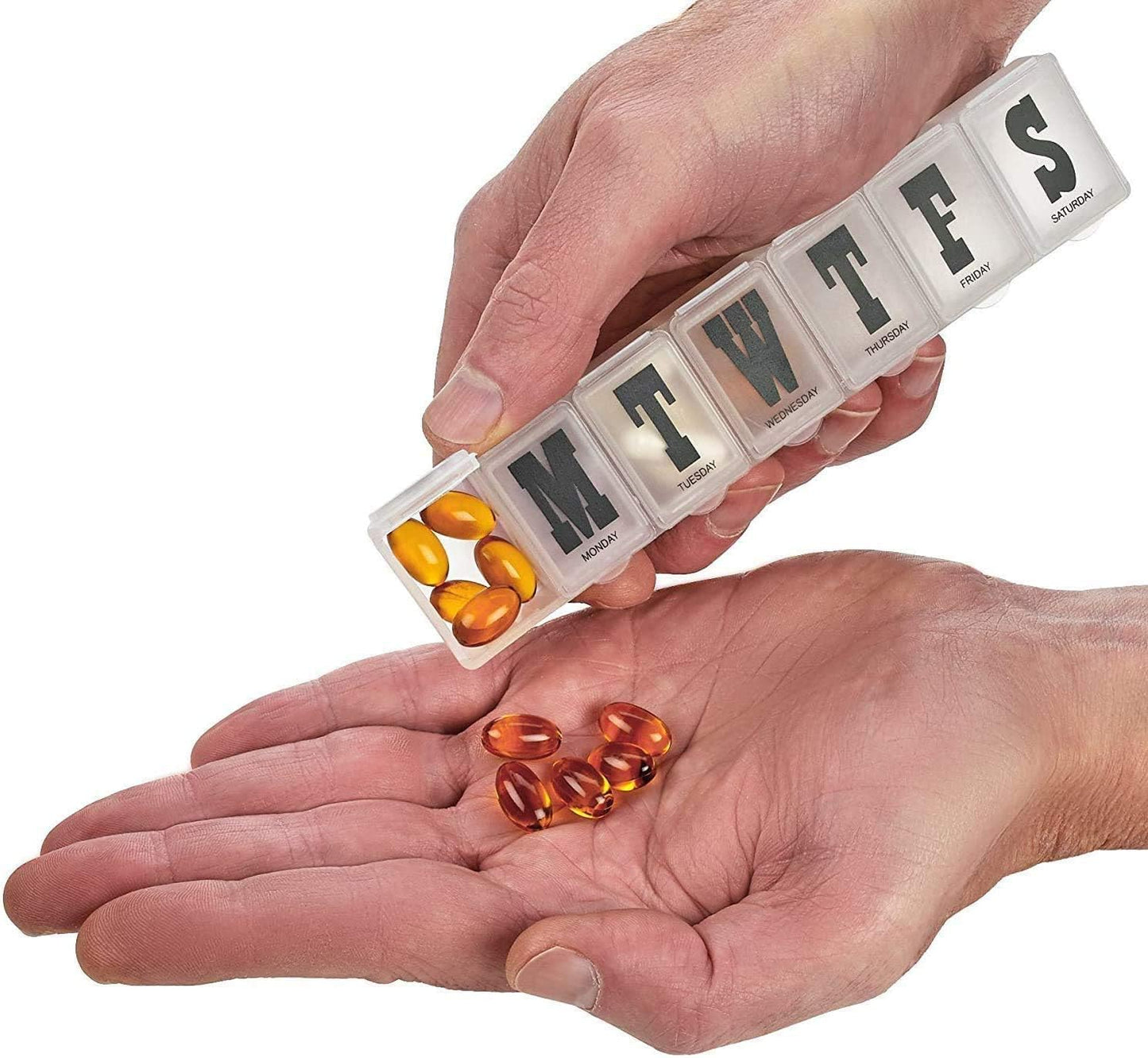 Pill Organizers - Pack of 4 Bold Letter Weekly Pill Planners for 28 Days Total to Separate Supplements, Fish Oils & Vitamins Daily Medication Reminder for Travel & Purse