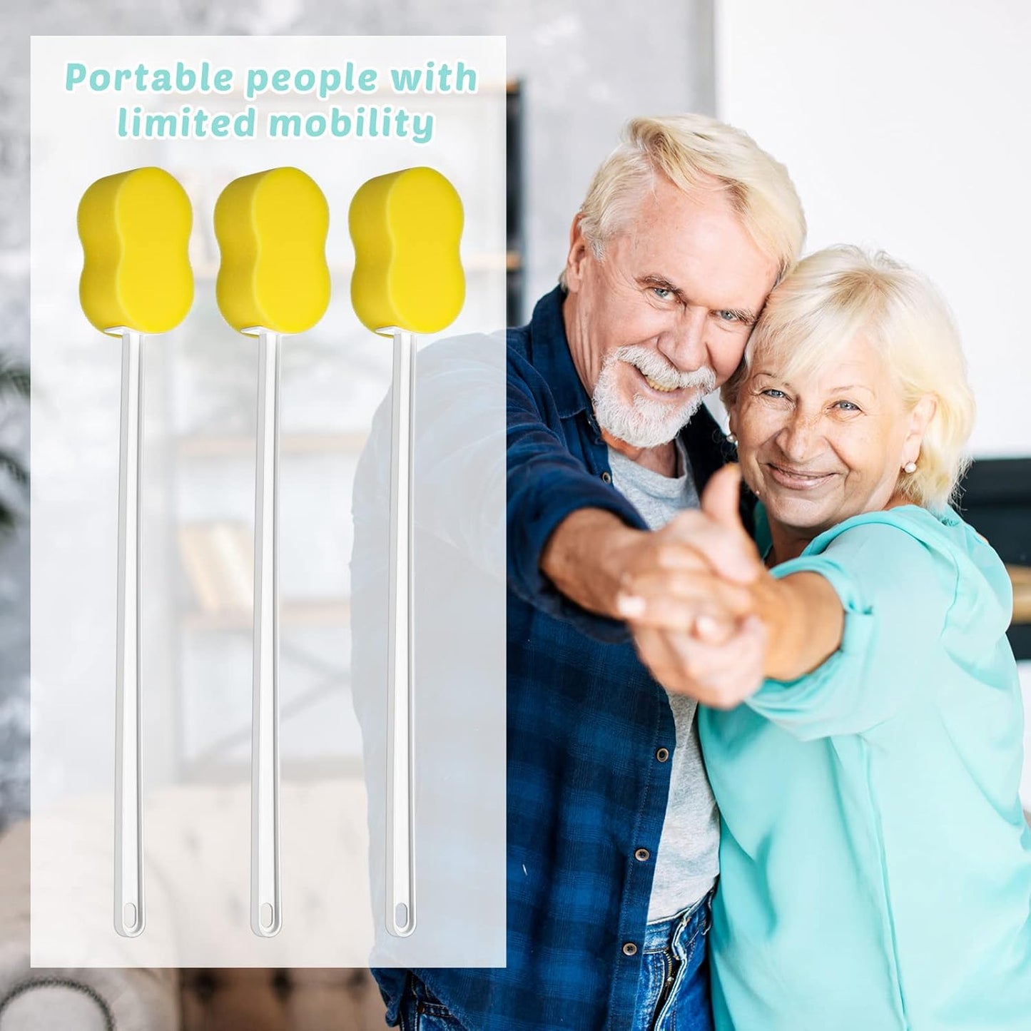 3 Pieces Long Handle Sponge 22.4'' Back Sponge on a Stick Body Brush Handled Washer Scrubber for Foot Body Limited Motion(Yellow)