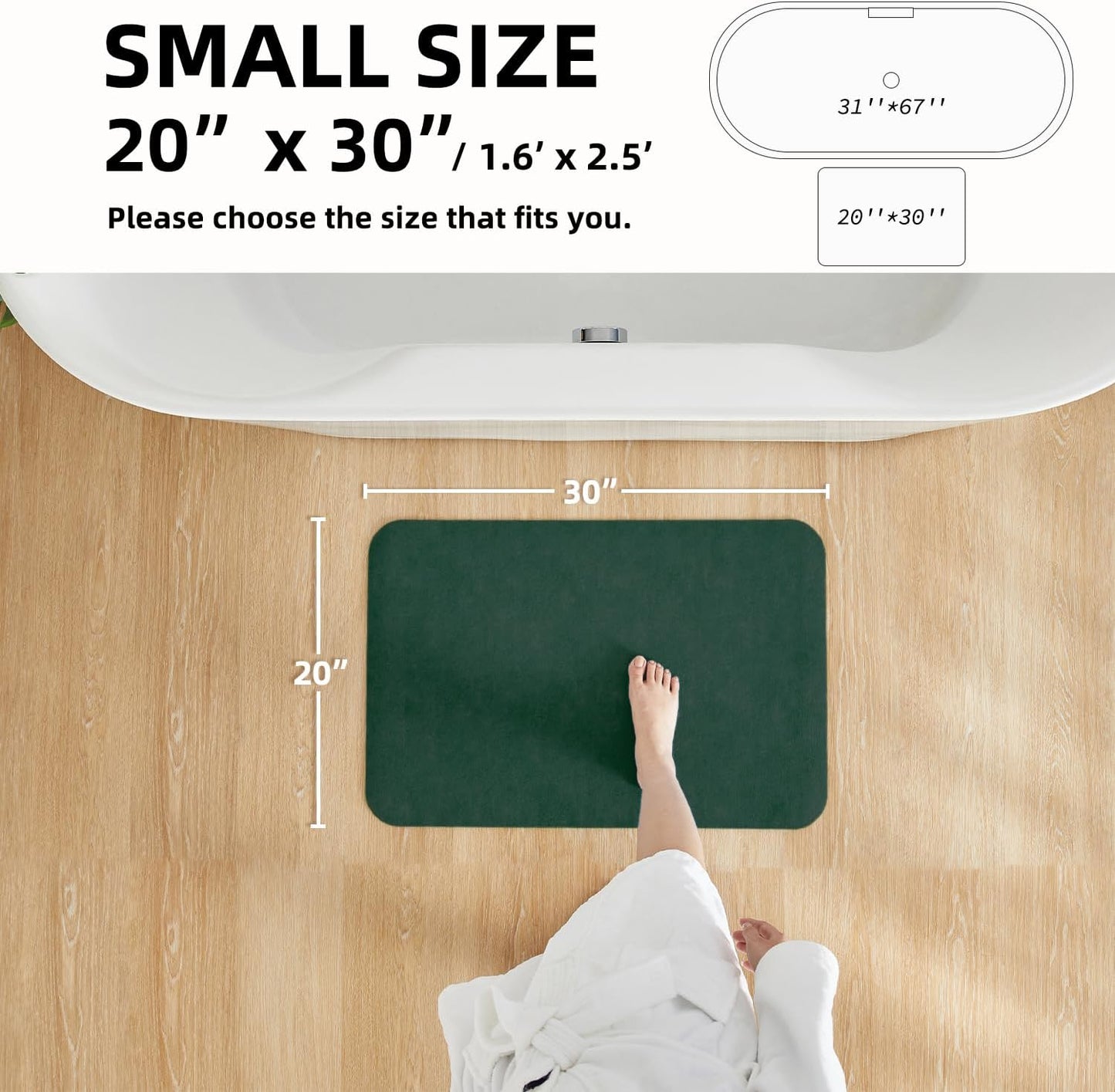 Bathroom Mat Quick Dry, Bathroom Rugs Non Slip Washable Thin Absorbent Bath Mat Fits Under Door Bathroom Floor Mat Perfect for Bath, Shower, or Sink 20"x30" Dark Green