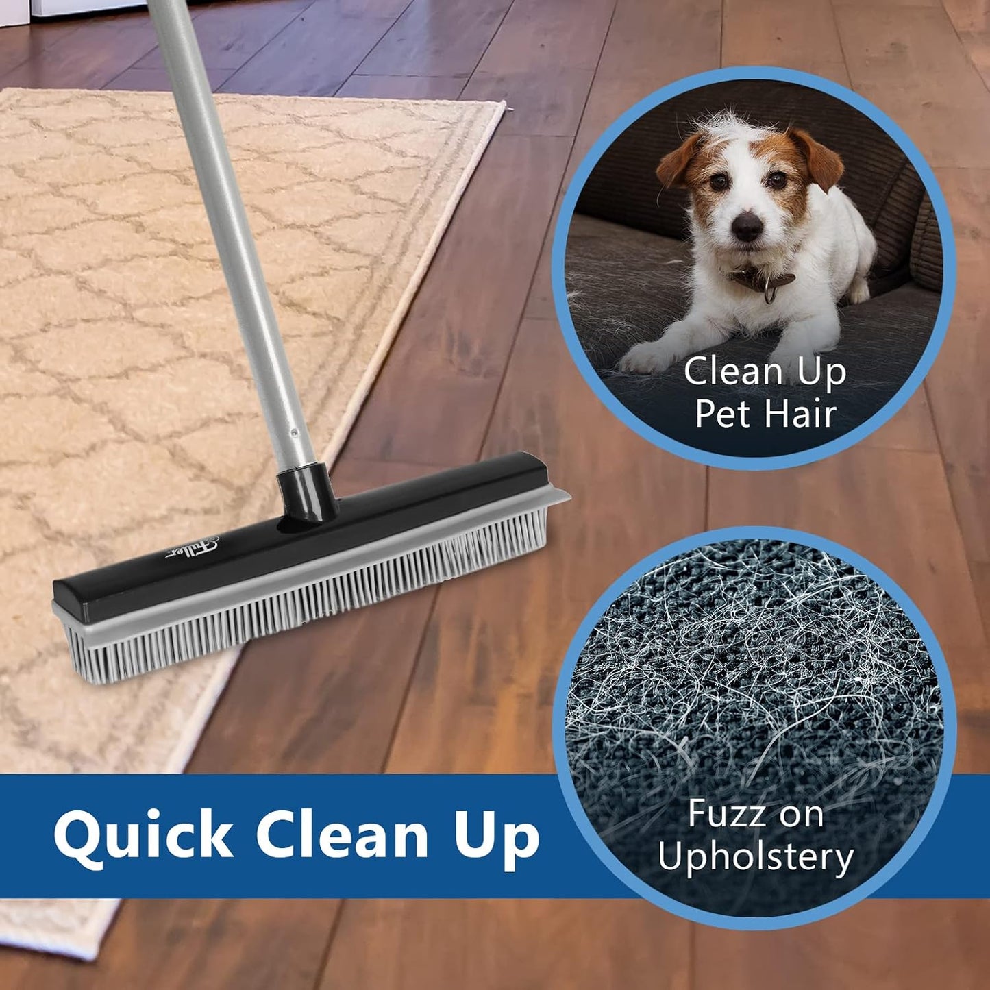 Fuller Brush Rubber Broom – for Carpets Floors Stairs Upholstery – Electrostatic Action Removes Pet Hair Lint Fuzz Dirt Particles – Built-in Squeegee Tackles Wet Messes (Complete Broom)