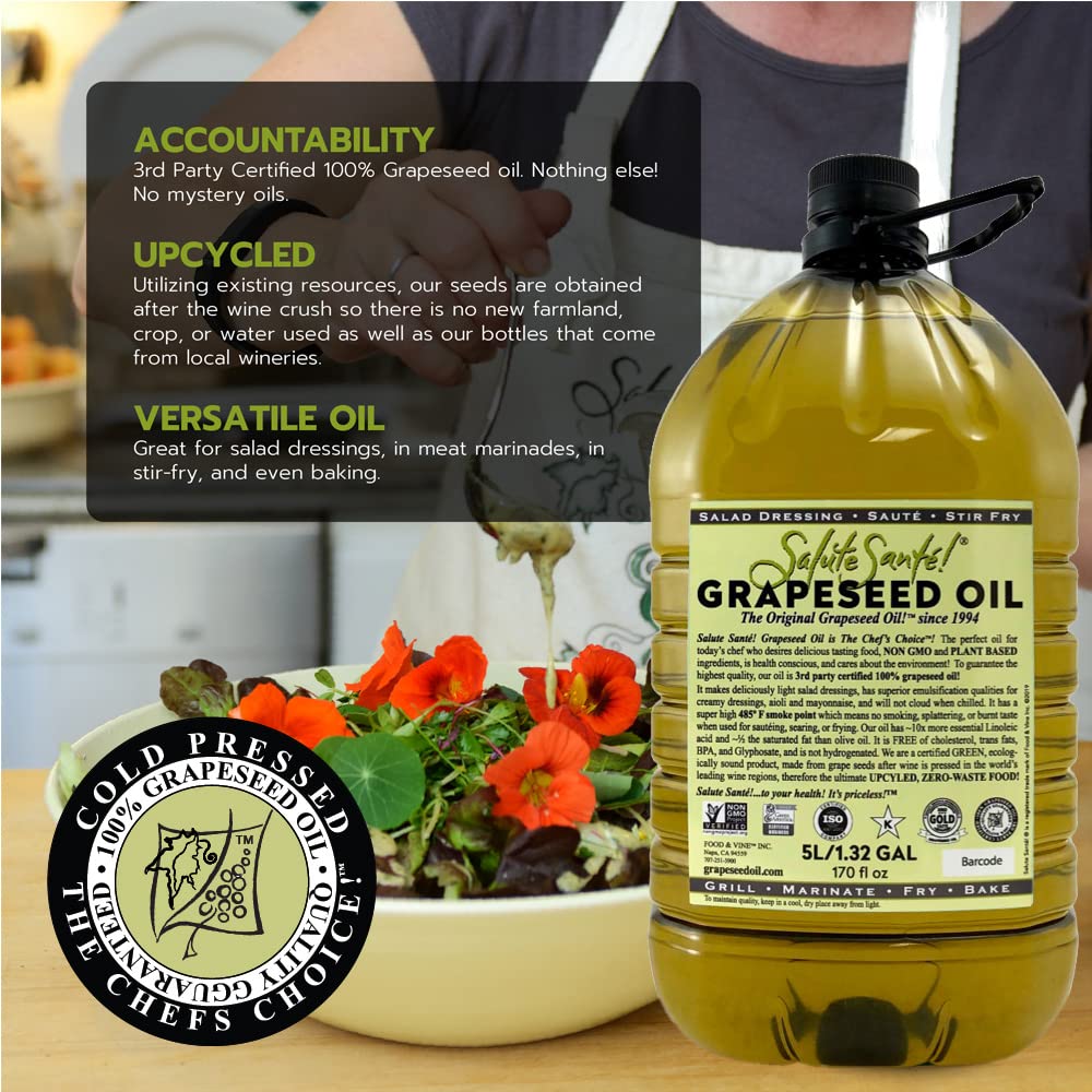 Cold Pressed Grapeseed Oil by Salute Sante! High Temperature Cooking, Healthy Grape Seed Oil, Non-GMO and Kosher for Salad Dressings, Marinades and Dips, Vegan, 5 Liter, 3 Pack