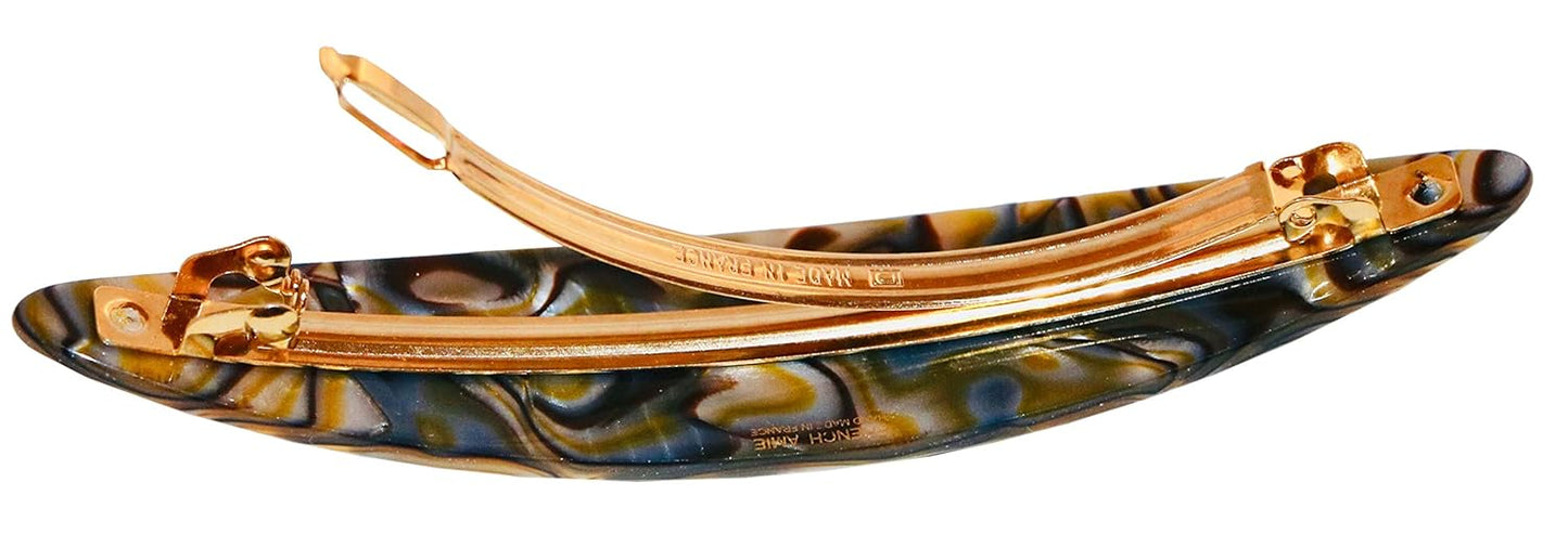 French Amie Long Oval Silver Onyx Grey 4.5" Handmade Celluloid Hair Clip Barrette with Golden Clasp for Women