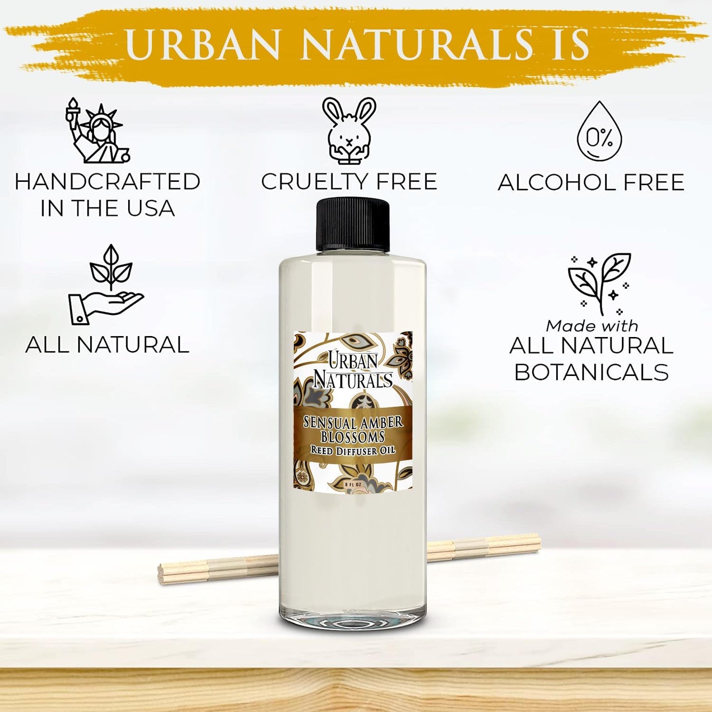 Urban Naturals Reed Diffuser Oil Refill Sensual Amber Blossoms with Jasmine, Freesia, Plum, Orange Blossom, Vanilla 8 oz + Free Reed Sticks, Made in The USA