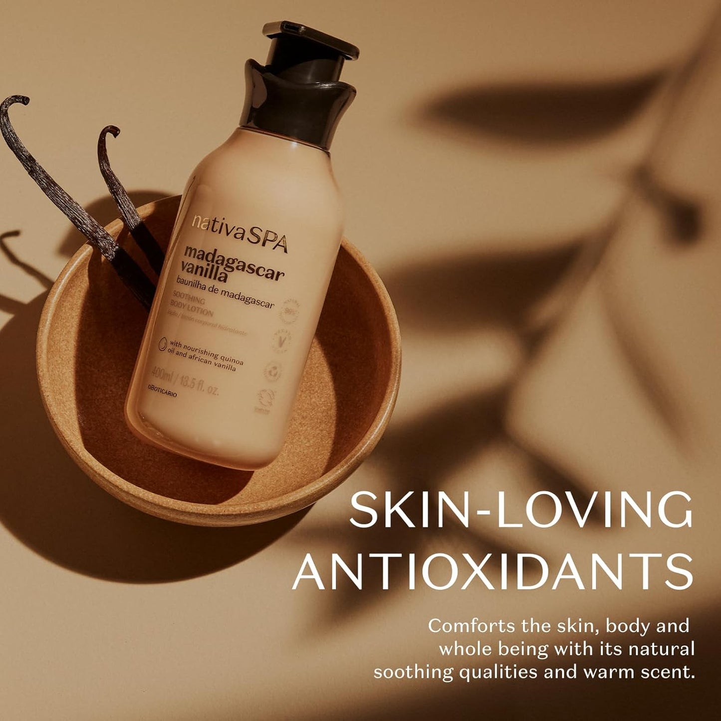 Nativa SPA by O Boticário, Madagascar Vanilla Moisturizing Body Lotion, Fragranced Skin Moisturizer with Purified Quinoa Drops, 13.5 Ounce