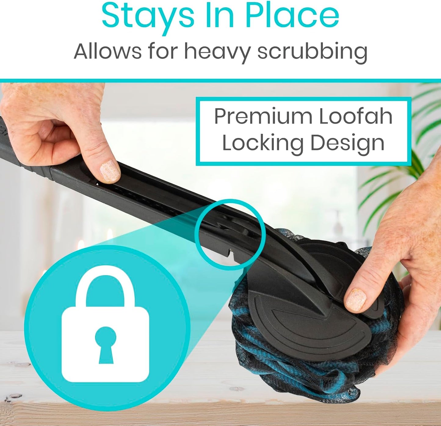 Vive Long Handled Loofah on a Stick - Mesh Back Sponge for Bath, Reusable w/Extra Pouf - Exfoliating Scrubber for Elderly & Disabled, Soft Loofa for Bathing Men & Women