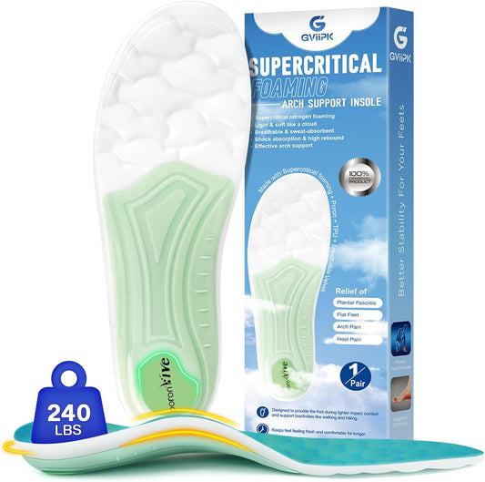Supercritical Foaming Arch Support Inserts for Men Women, Lightweight Running Sport Insoles, Shock Absorption Athletic Inserts, Plantar Fasciitis Insoles, Relief Flat Feet, Standing All Day - L