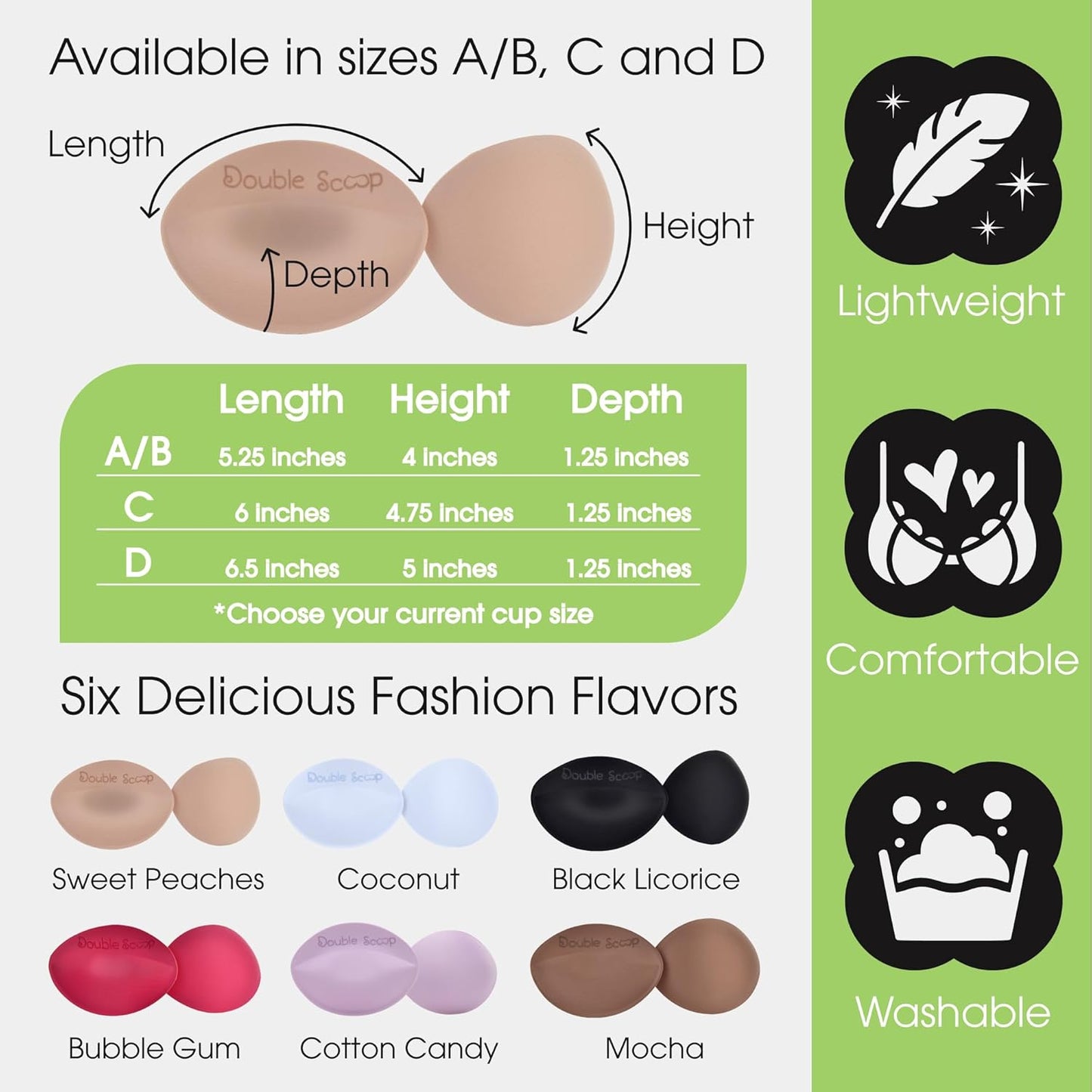 Double Scoop® Push Up Inserts w/Bonus Tape Sticky Strips, Instant Breast Implants, Replacement Bra Pads