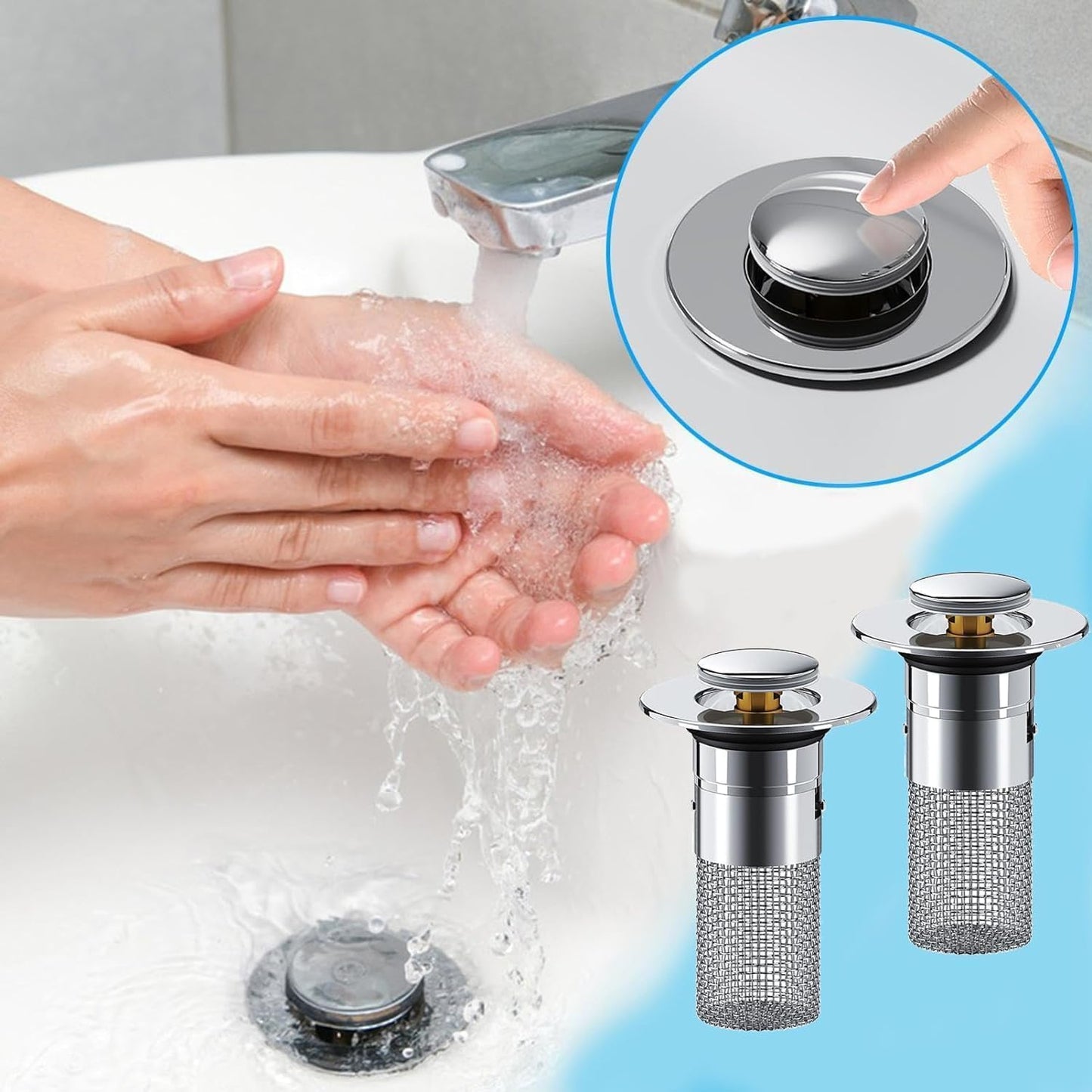 Sink Plug Hair Trap, Off-Bathroom Sink Stopper Hair Catcher, 2026 New Universal Pop up Sink Drain Filter, Stainless Steel Floor Drain Filter Bathroom Sink with Basket, Easy to Install (1Pack)
