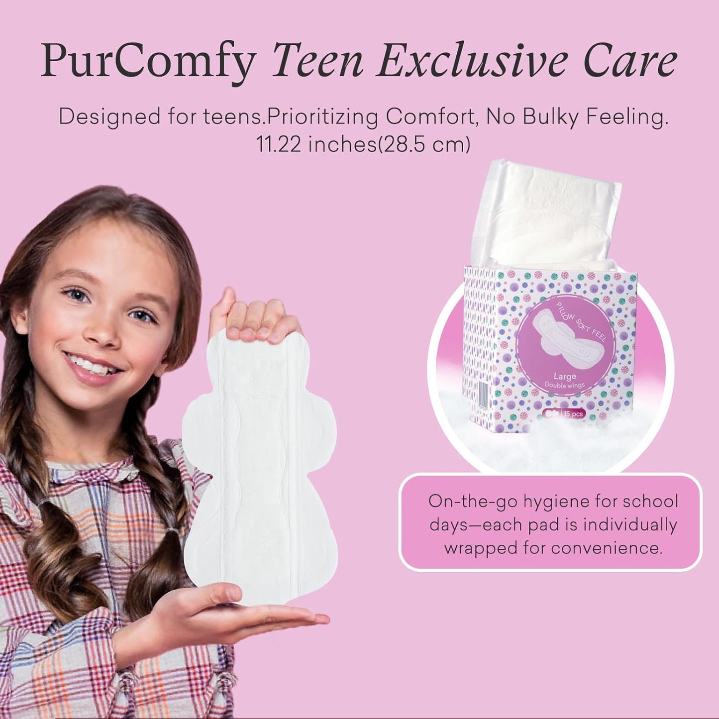 Teens Maxi Period Pads with Wings for Tweens, Organic Cotton Sanitary Pads for Teens Girls 9-14, Teen Large, 15 CT