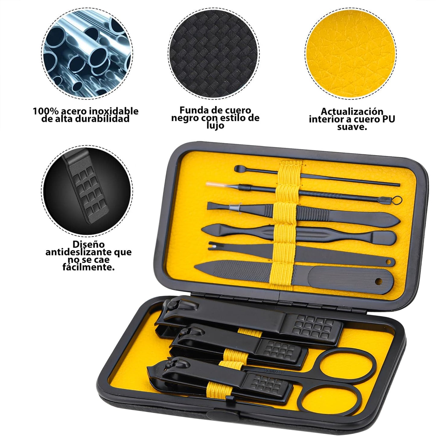 Manicure Set Nail Clippers Kit Professional Stainless Steel Nail Care Tools with Leather Travel Case 10 in 1 Yellow