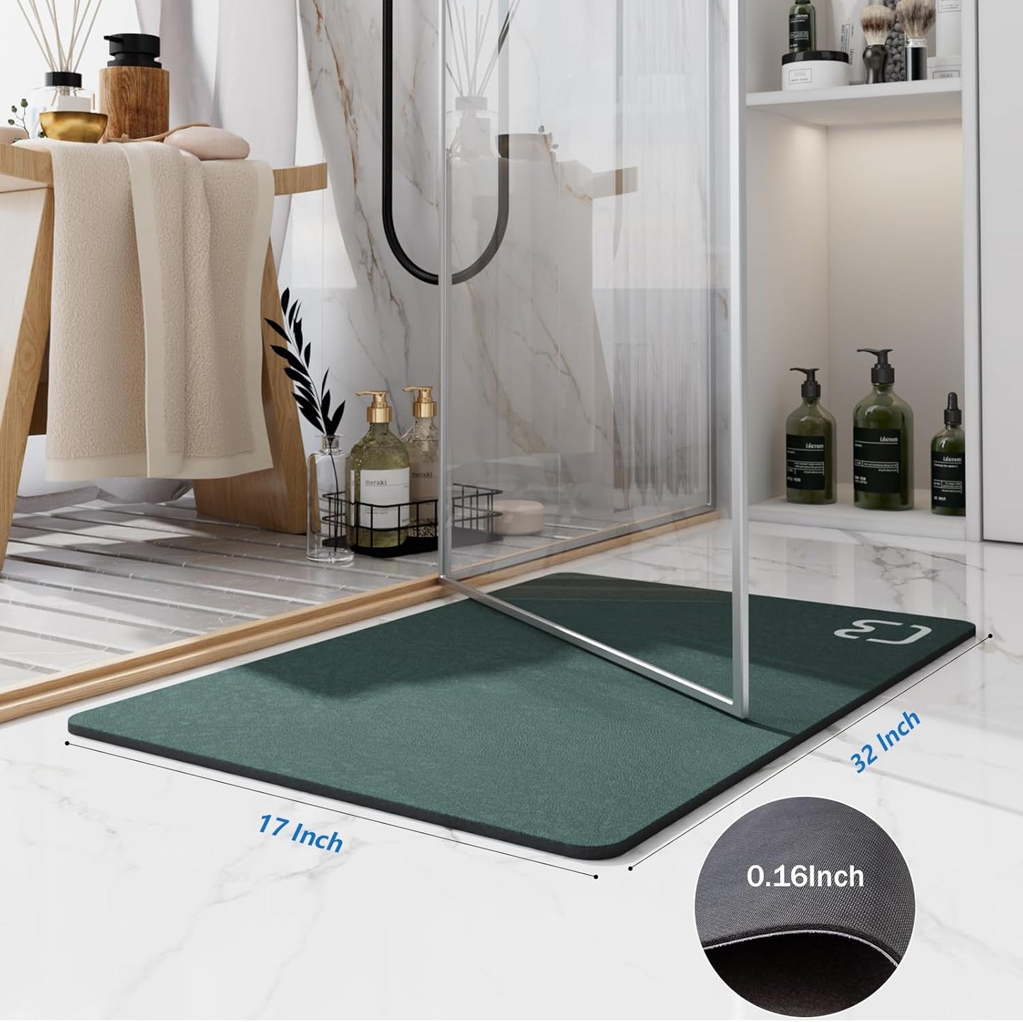 Bath Mat Rugs - Bath Mats for Bathroom Non Slip Absorbent Quick Dry Rubber Backed Thin Bath Rug - Bathroom Floor Mat Bathmat Stain Resistant Easy Care, Machine Washable 17"x32", Dark Green