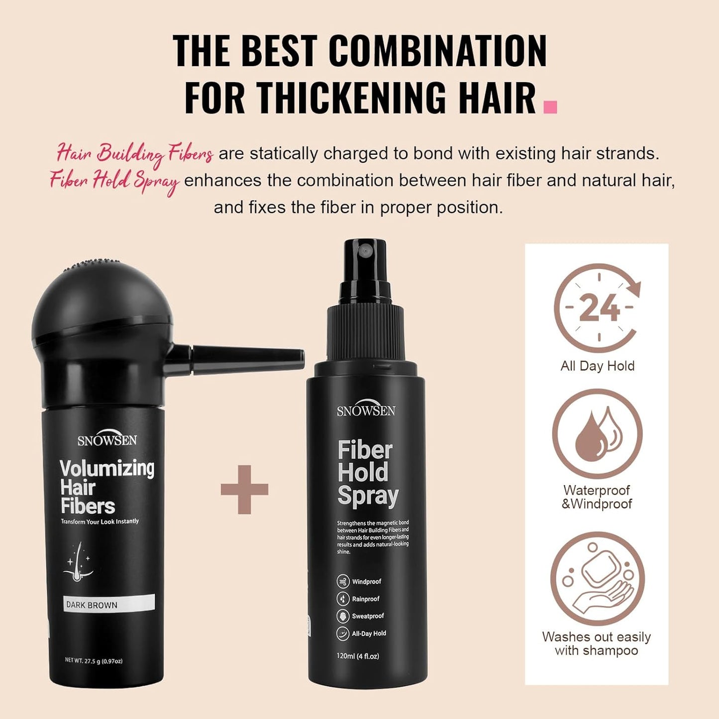 Hair Fibers for Thinning Hair, Dark Brown, Professional 5-in-1 Hair & Beard Styling Set, Include Applicator Pump, Fiber Hold Spray, Application Card, Hairline Comb,Hair Powder for Women & Men