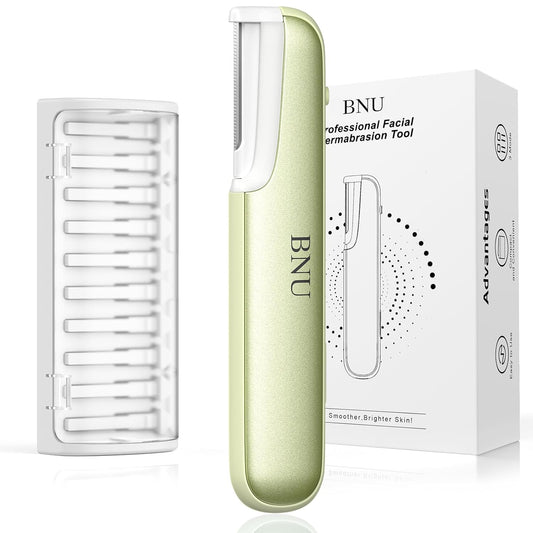 BNU Dermaplane Razor for Women, Face Razor for Women with 10 Replaceable Blades - Face Exfoliation Razor - Body Peach Fuzz Removal - Eyebrow Shaper - Sonic Edge Technology Dermaplaning Tool - Green