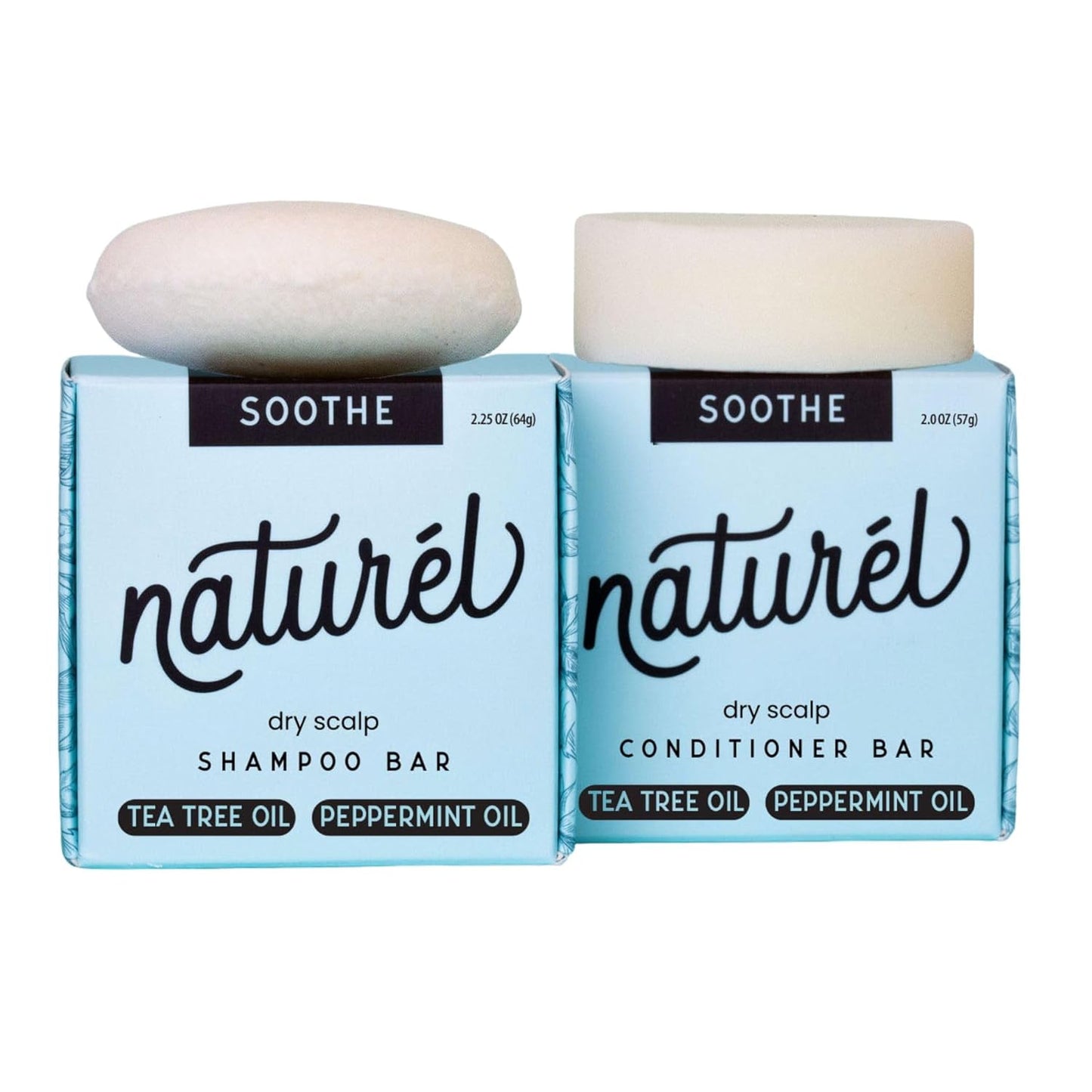 NATURL Soothe Shampoo and Conditioner Bar Set with Peppermint, Lime, and Tea Tree Oil for Dry Scalp, Dandruff Relief, Vegan, Cruelty Free, Zero Waste, Made in USA