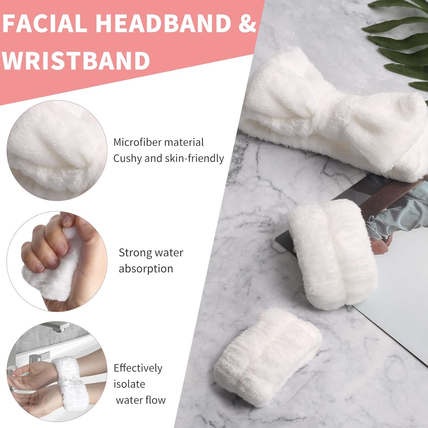 WSYUB Spa Set - Face Wash Headband and Wrist Bands, White