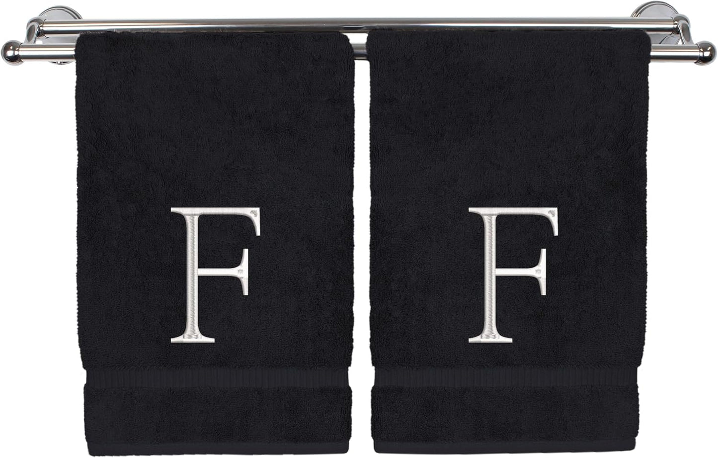 Monogrammed Hand Towel, Personalized Initial Gift, Extra Absorbent 100% Turkish Cotton - Soft Terry Finish - Set of 2 - White Block Initial F - Embroidered on Black Towels