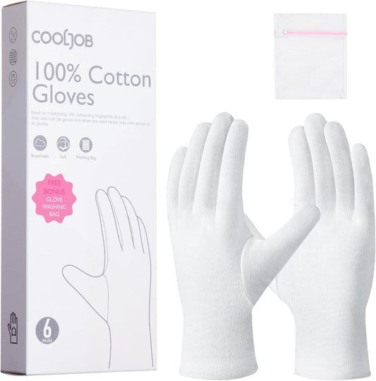 COOLJOB 6 Pairs 100% Cotton Gloves for Dry Hands Moisturizing & Eczema, Overnight Lotion, Sleep & Spa Treatment for Women & Men, Breathable Work Glove Liners, White, Small