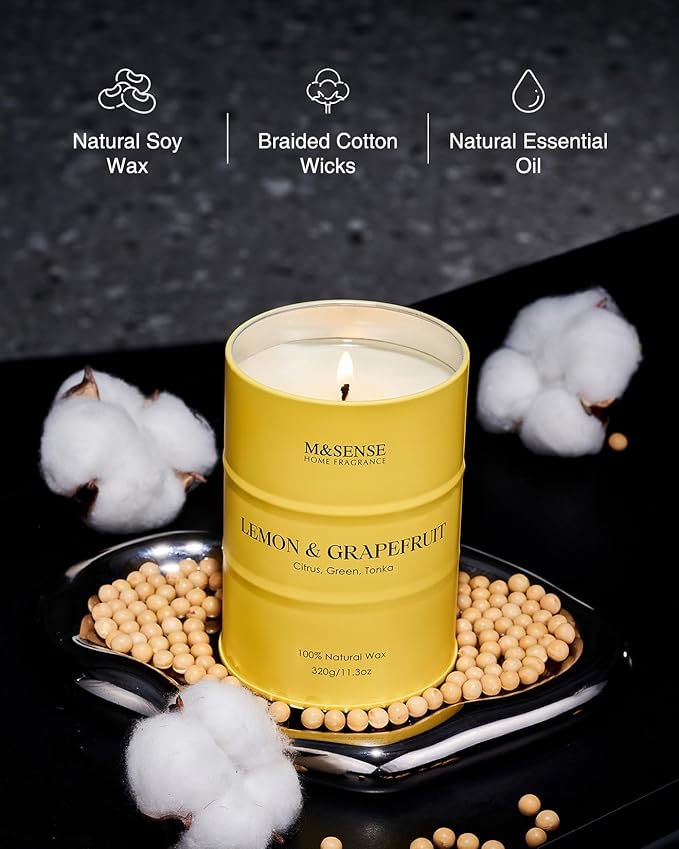 M&SENSE Lemon Candle,Summer Grapefruit Scented, Lemon Soy Candles 11.3oz 70 Hour Slow Burning, Limoncello Highly Scented Citrus Candles for Bathroom, Fresh Smelling Candle