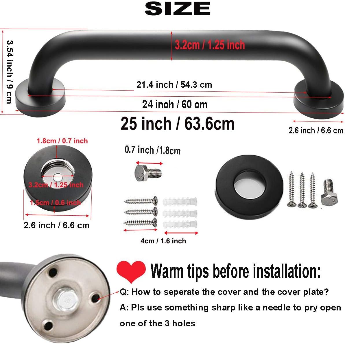 2 Pack 24 Inch Black Shower Grab Bar, iMomwee Stainless Steel Bathroom Grab Bar Handle, Bathroom Shower Balance Bar,Safety Hand Rail Support,Handicap Elderly Senior Assist Bath Handle(1.25" Diameter)