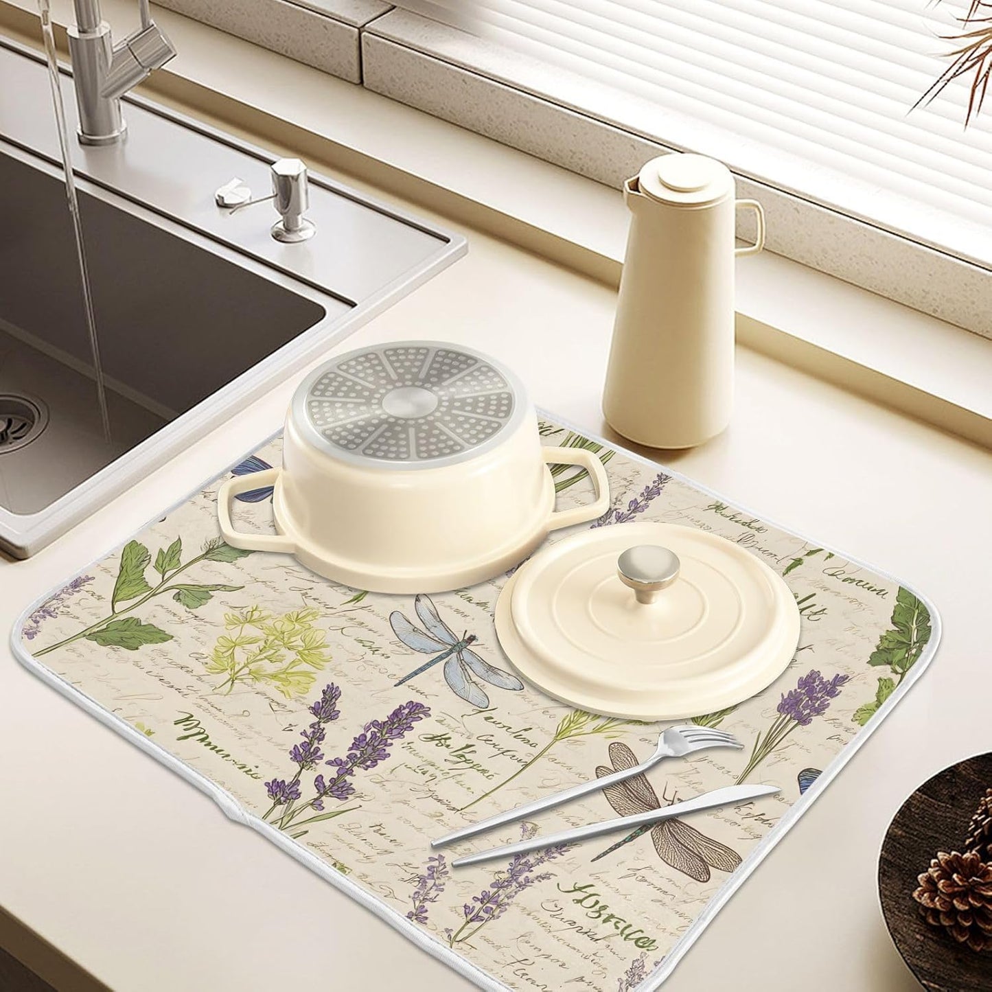 Handwritten Dragonfly Butterfly Dish Drying Mats for Kitchen Counter Absorbent Microfiber Dish Drying Matt 16 x 18 Inch Draining Reusable Rack Pad