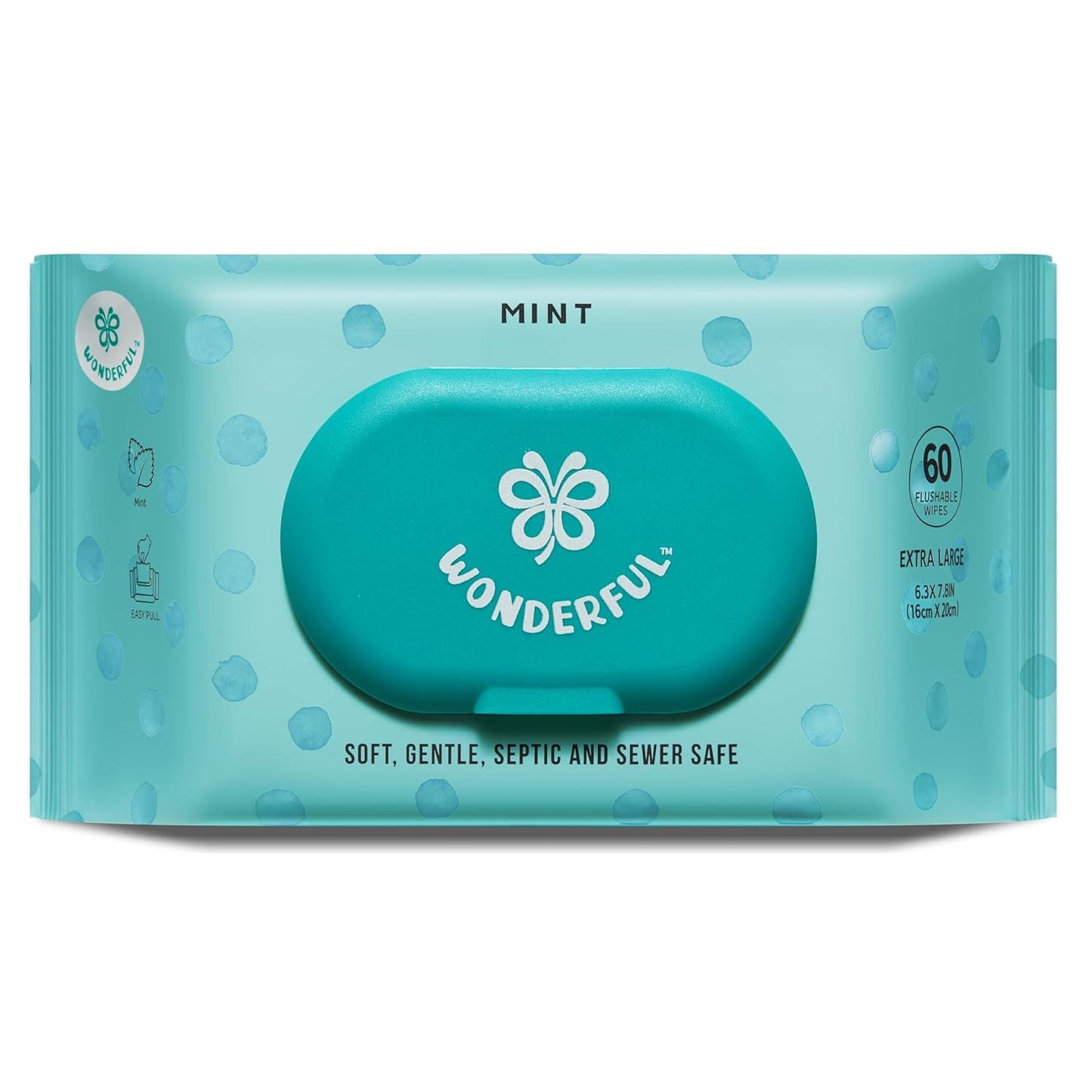 WONDERFUL Flushable Butt Wipes, Mint 100% Plant-Based Wet Wipes for Adults & Kids, Sewer & Septic Safe, Gentle for Sensitive Skin, Wipes Flushable Pack for Bathroom & Travel, 1-Pack (60 Wipes)