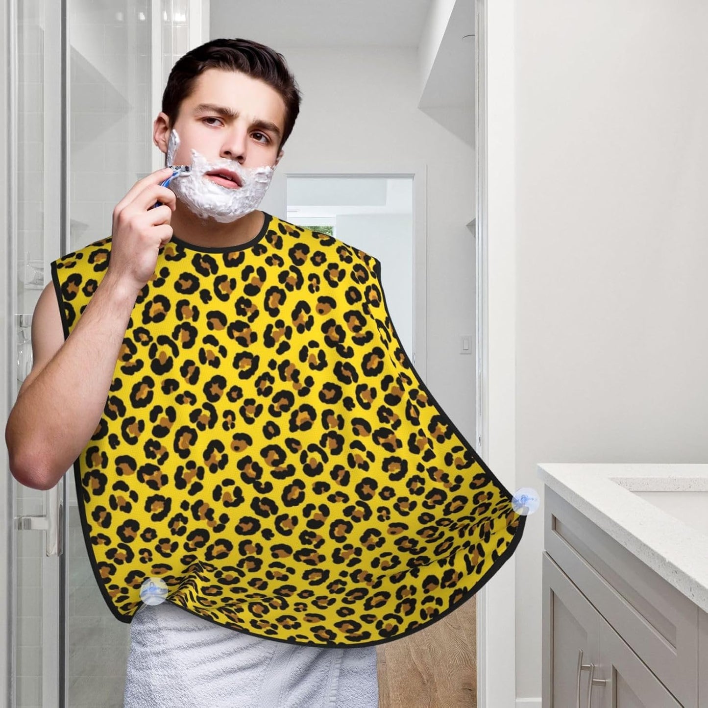 Beard Bib with 3 Suction Cups, Non-Stick Waterproof Hair Catcher Apron, Men's Shaving Essential for Grooming, Cheetah Yellow Leopard Print Shave Bib