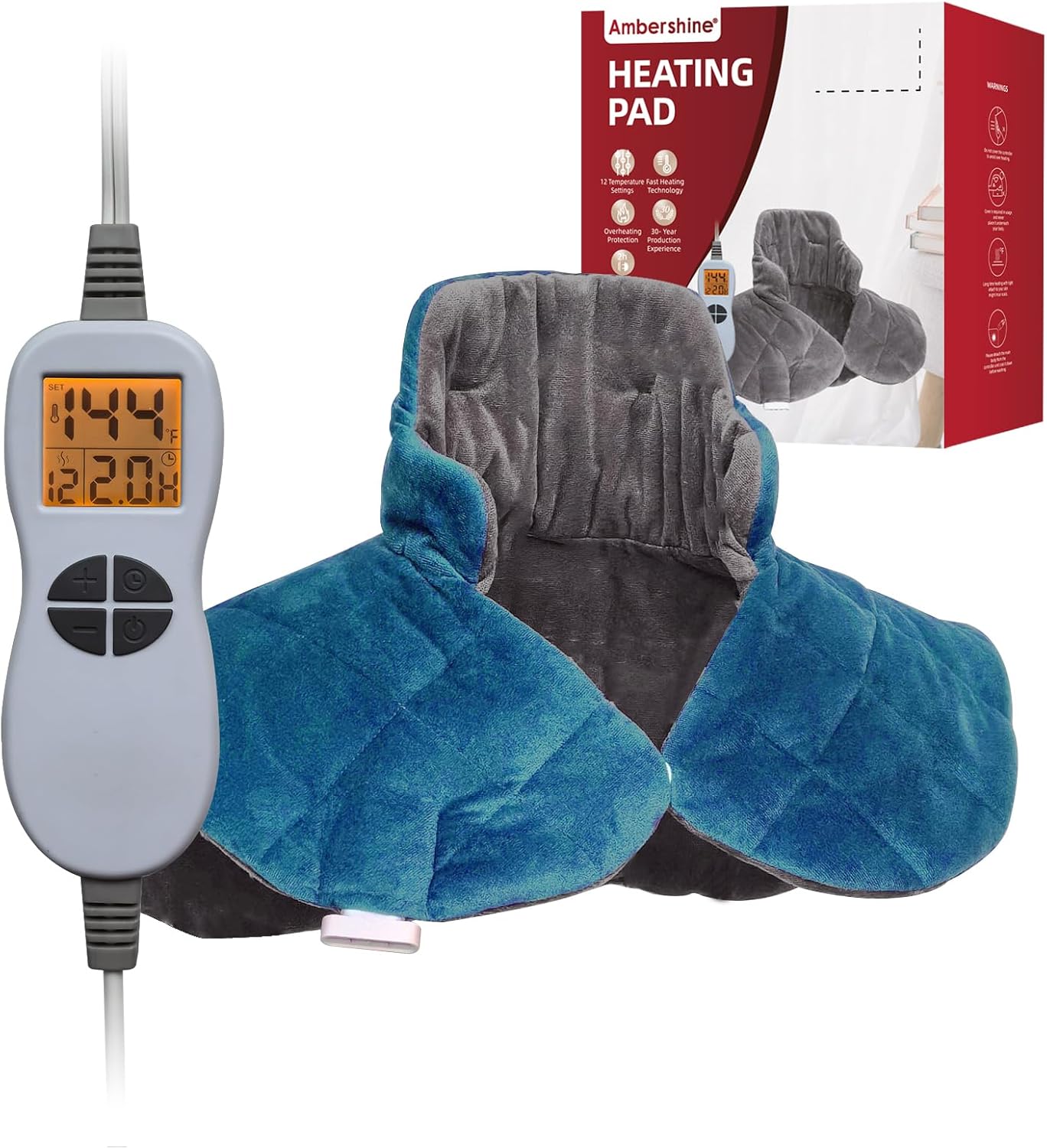 Ambershine 19''x24'' Weighted Neck & Shoulder Heating Pad, 2.5lbs with 12 Temperature Settings& 4 Auto-Off Timers, Pain Relief for Neck/Shoulder/Back, Christmas Gifts for Women Men Mom Dad (Gray&Blue)
