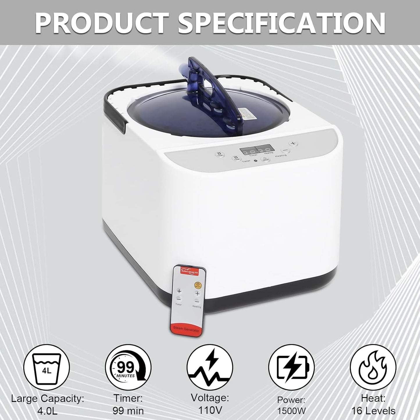 Sauna Steamer Machine, 4 Liter 1500W Steam Generator for Sauna, Sauna Steamer Pot with Remote Control for Home SPA Shower Body Relaxation Body Detox, Adjustable Steam Settings