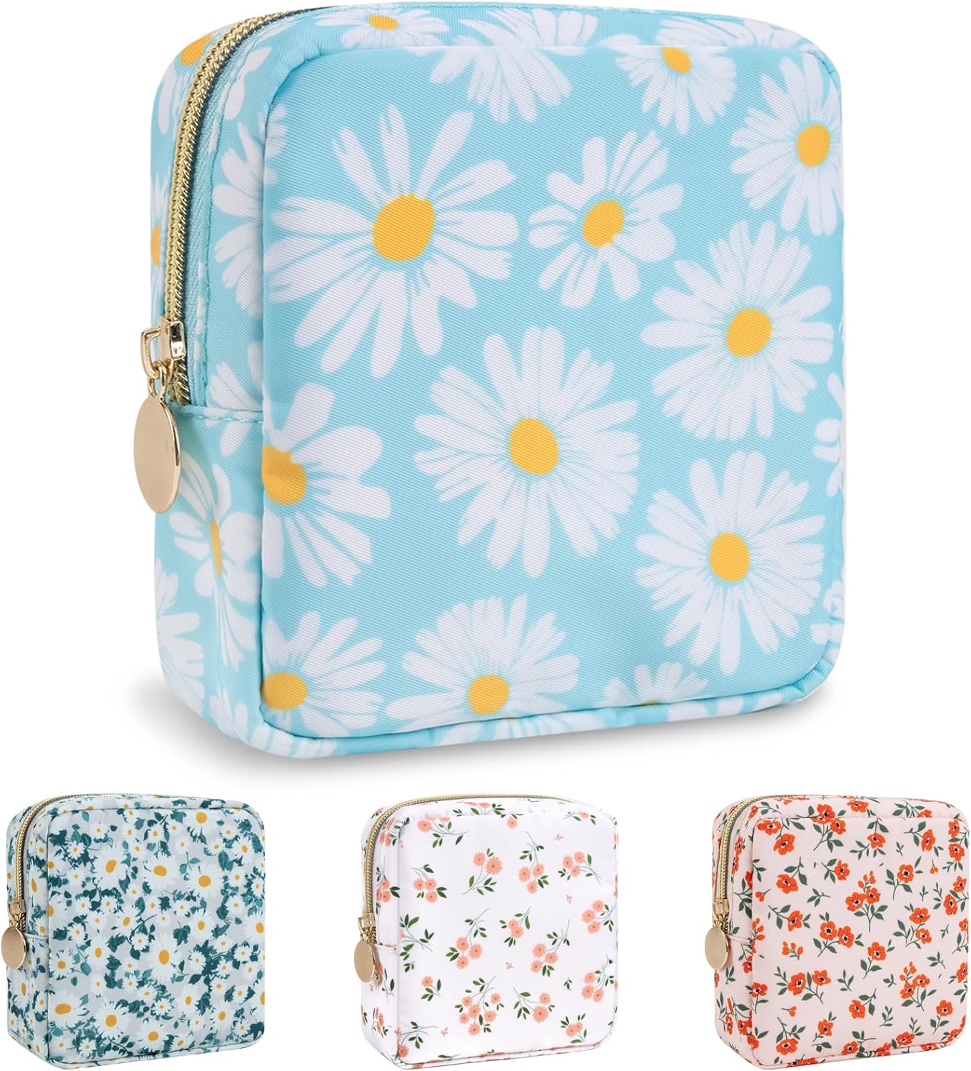 Nylon Mini Floral Makeup Bag for Purse, Small Cute Travel Makeup Bag Preppy Flower Cosmetic Zipper Pouch, Waterproof Coin Pouch Sanitary Napkin Storage Bag Make Up Organizer Set for Women(Blue-Daisy)