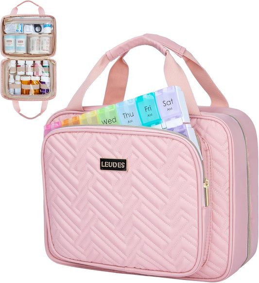 Leudes Travel Pill Bottle Organizer,Medicine Organizer and Storage,Home Medication Bag, Cases,Carrier for Pills,Vitamin,Fish Oil,Supplements for Women and Men (Medium, Pink)