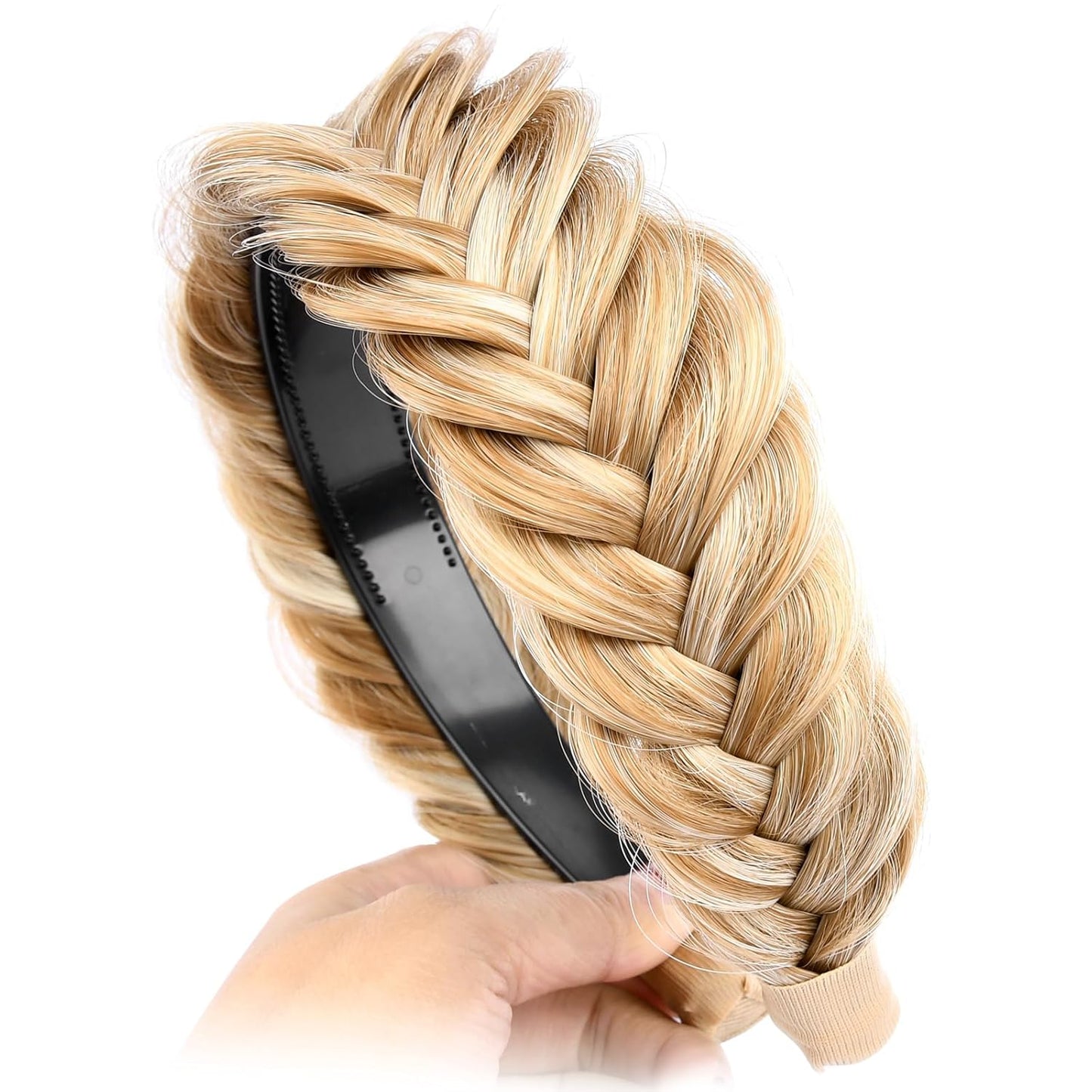 DIGUAN Wide Messy Braided Headband With Teeth Synthetic Hair Plaited Headband High Elasticity Braids Chunky Fishtail Braided Hair Band Hairpiece for Girls Women Beauty Accessory (Golden Blonde)