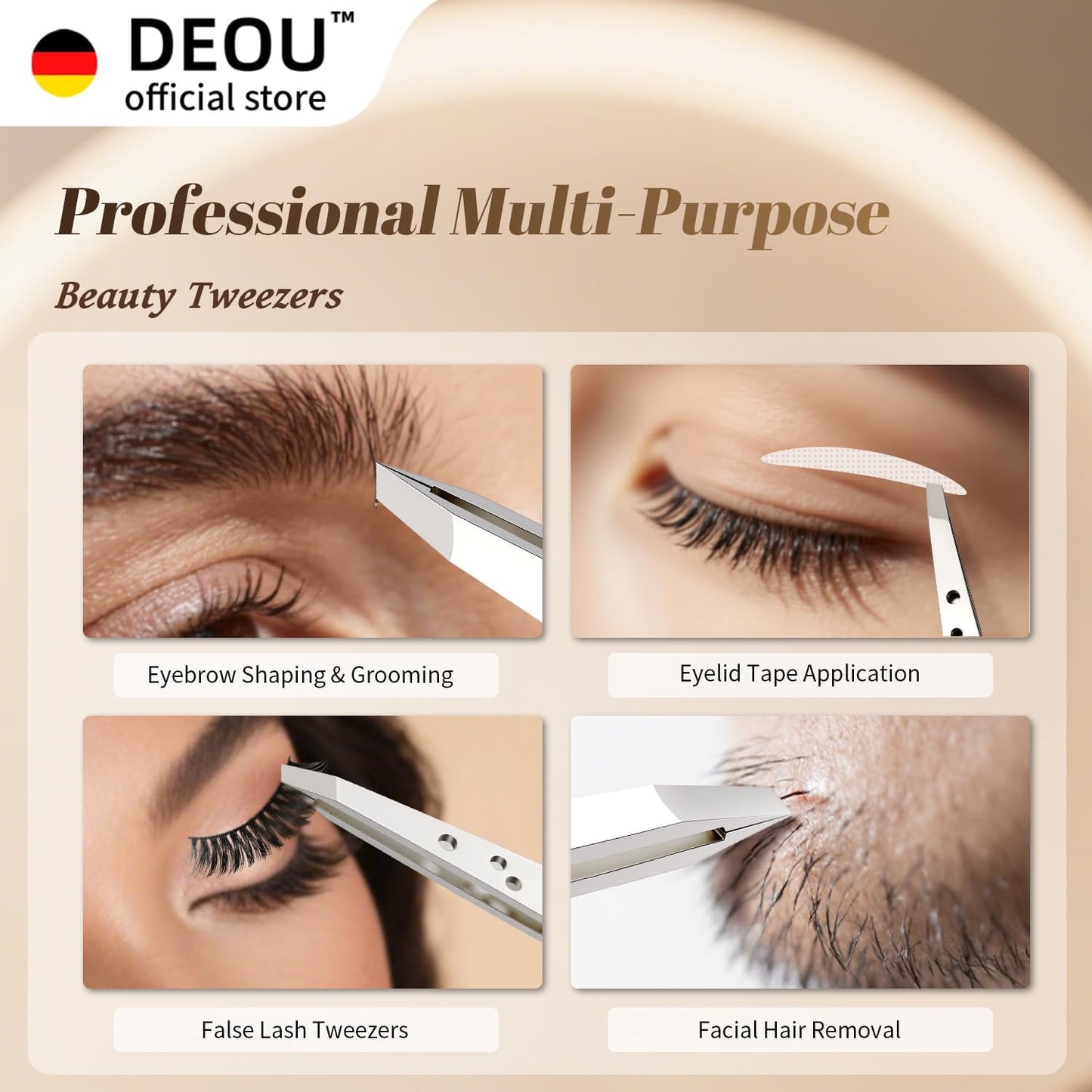 DEOU Professional Eyebrow Plucker & Tweezers - Stainless Steel Tool for Brow Shaping, Hair Removal & Precise Grooming, 9-Hole Non-Slip Grip, Unisex, Gift Box Included